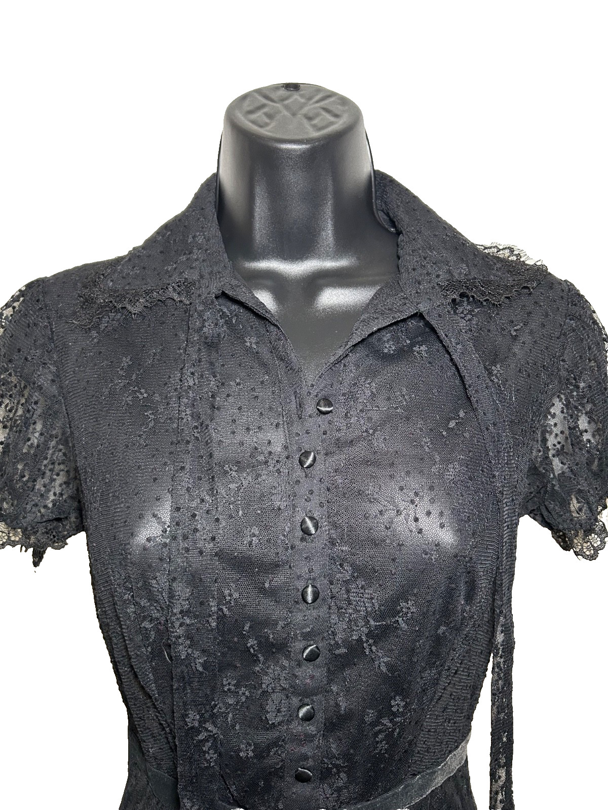 Y2K black Victoria secret lace collared button up puff sleeve mesh body suit