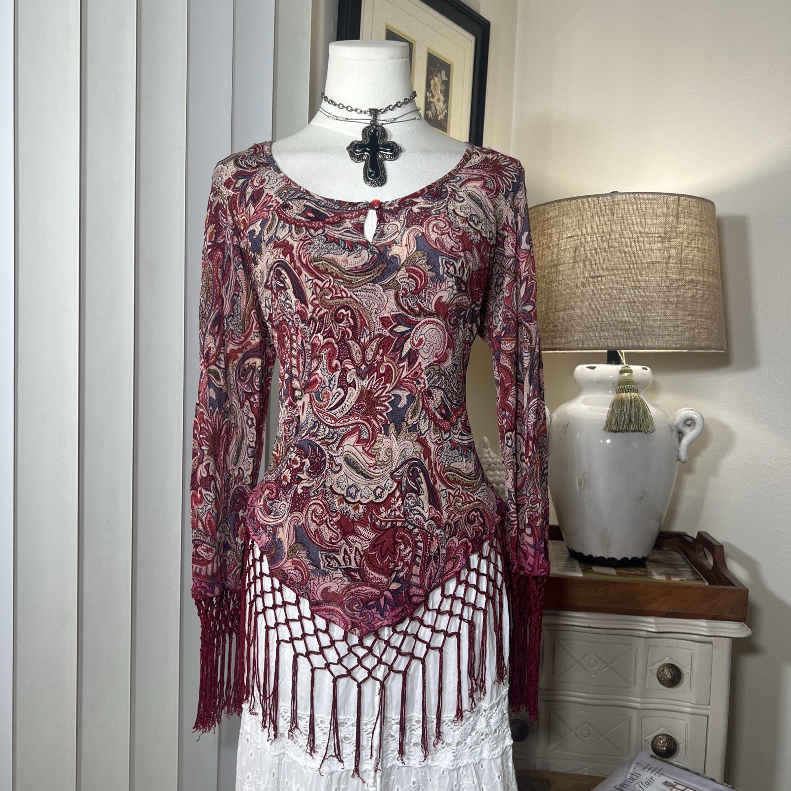Y2K Template Boho Fairy Micro Mesh Sequin Paisley Fringe Blouse