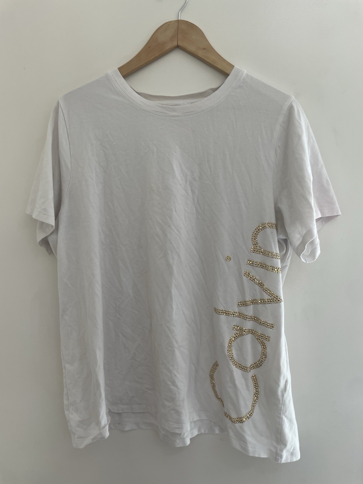 Calvin Klein Women’s Gold Studded Calvin Cotton Blend Crewneck T-Shirt White L