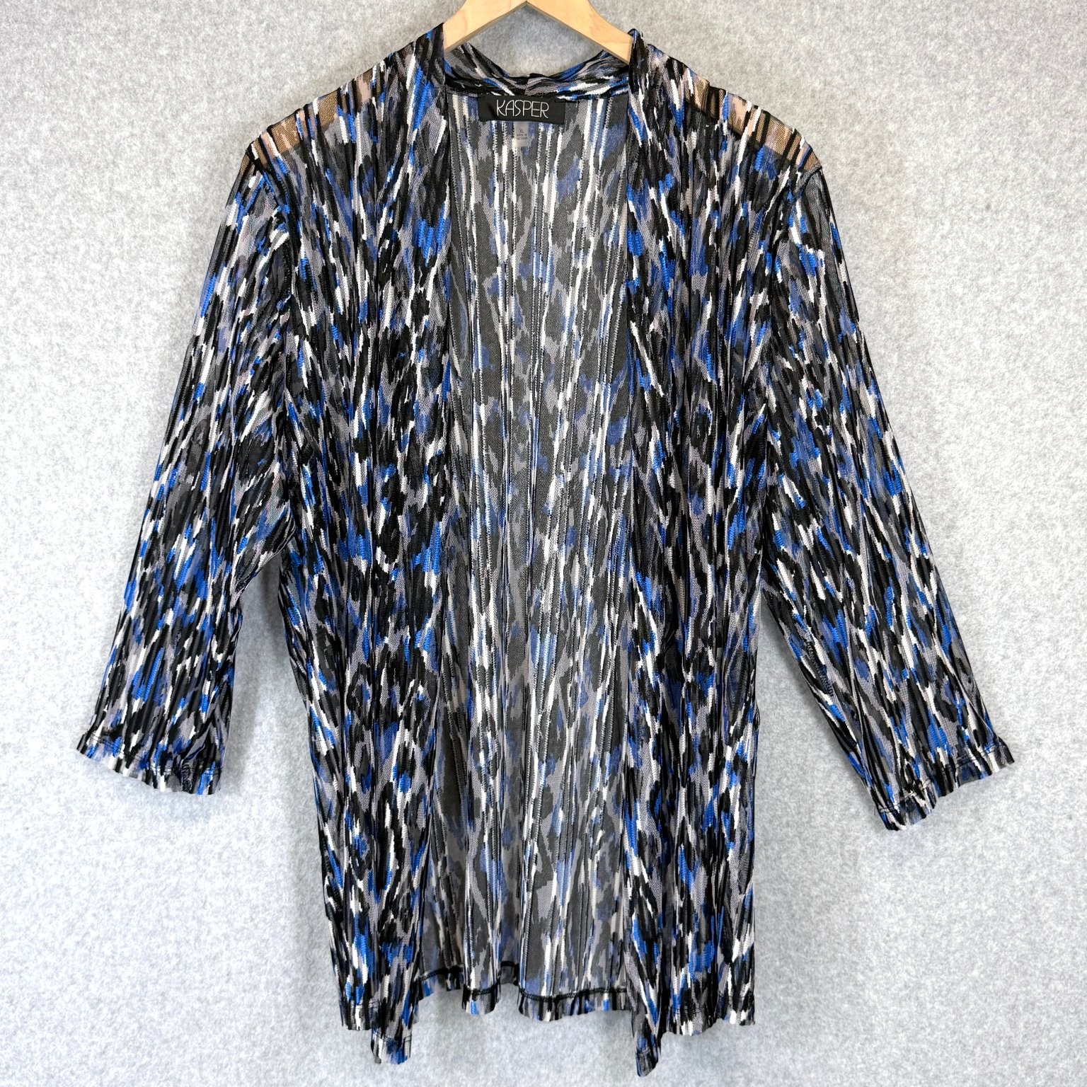 Kasper Womens XL Open Front Mesh Cardigan Blue Gray Black Jacket Stretch Top