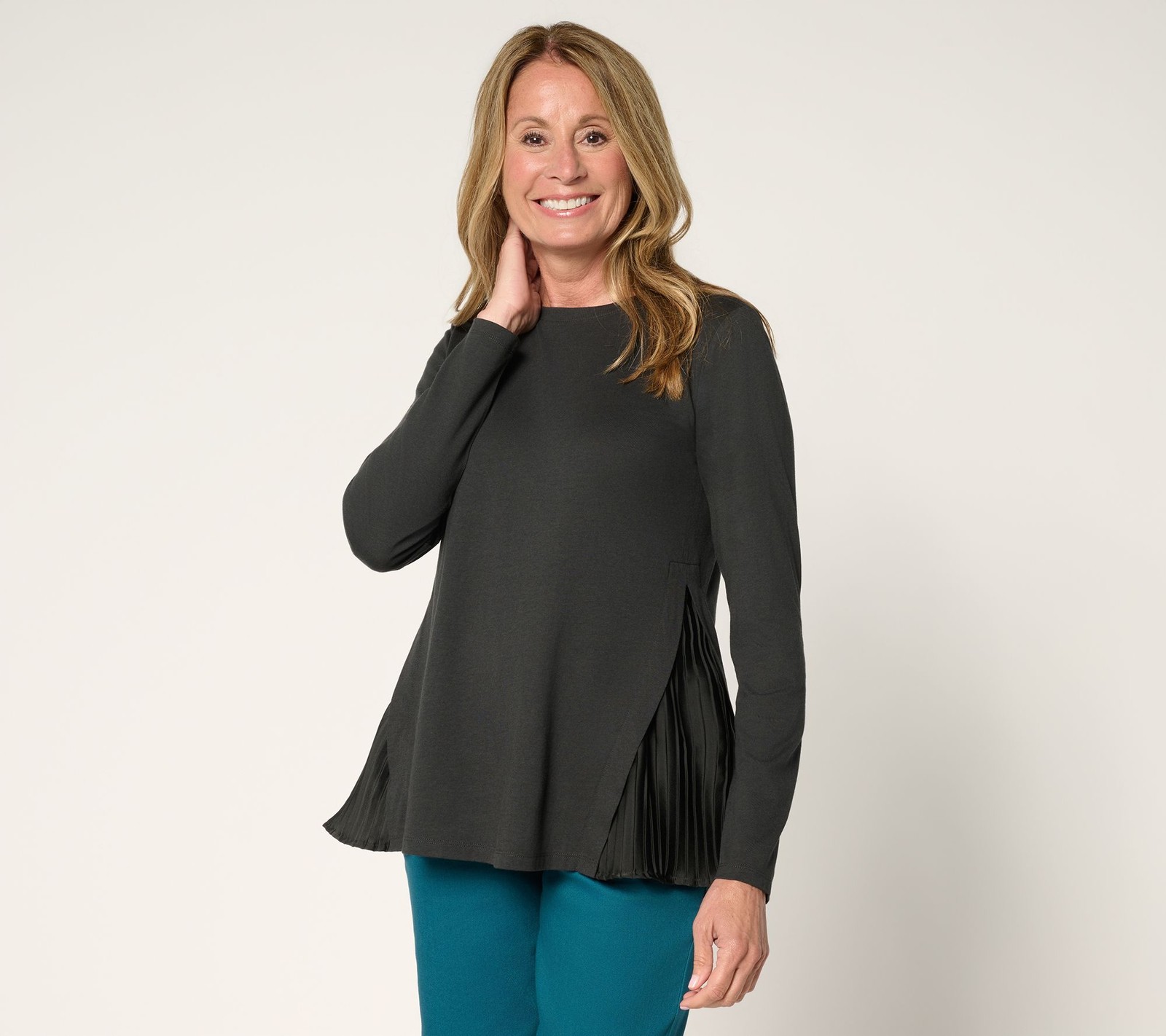 LOGO by Lori Goldstein Long Sleeve Tee Shirt with Side Pleats Phantom L New