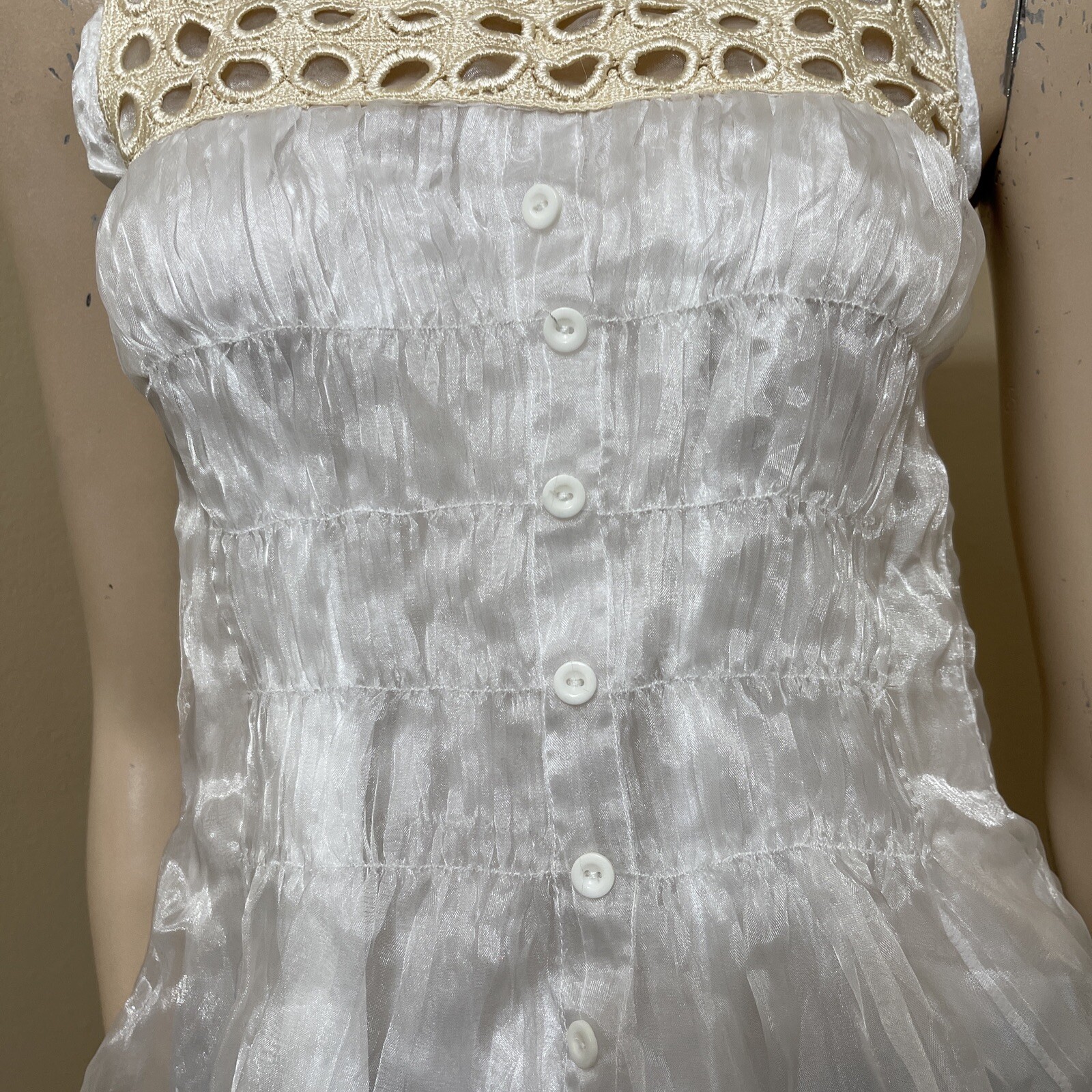 Women’s White Polyester Casual Summer Open Lined Sheer Button Size M Blouse Top