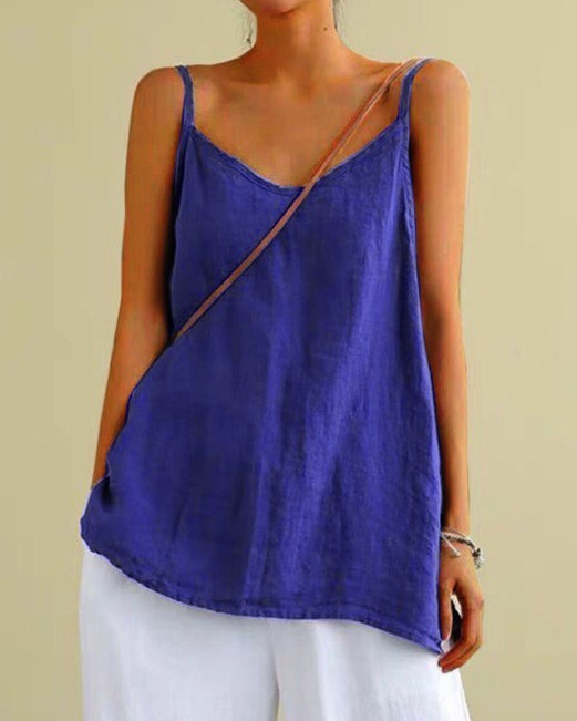 Women Strappy Linen Cotton Cami Beach T Shirts Summer Casual Loose Top Tank VesT