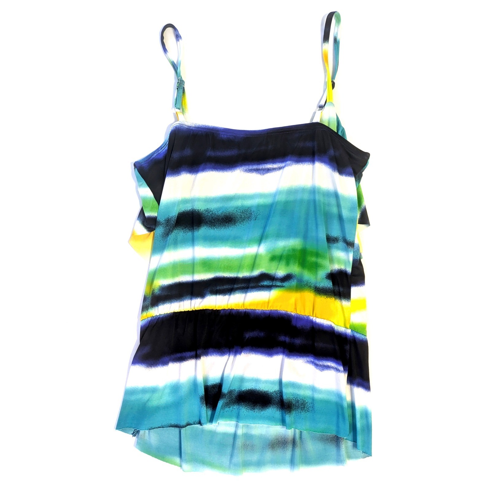 Amywear Womens Multi Color Striped Ruffle Tank Top Elastic Waist Size S USA