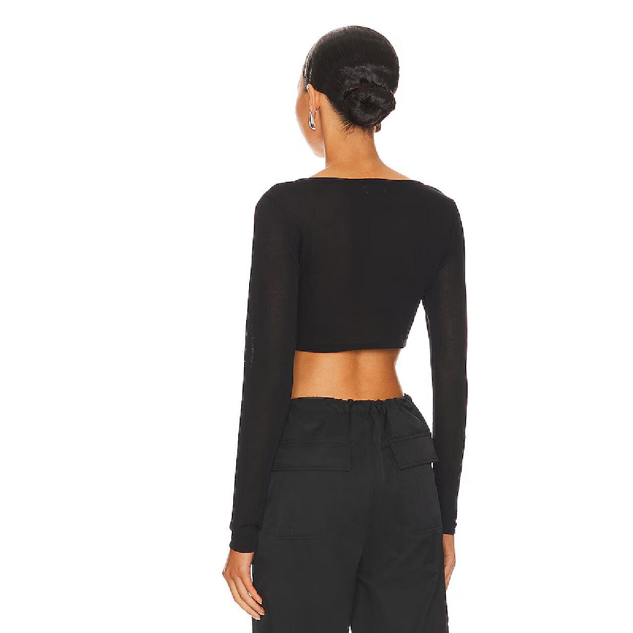Superdown Jasmina Knit Top Black Crop Cut Out Long Sleeve Scoop Neck Sz S