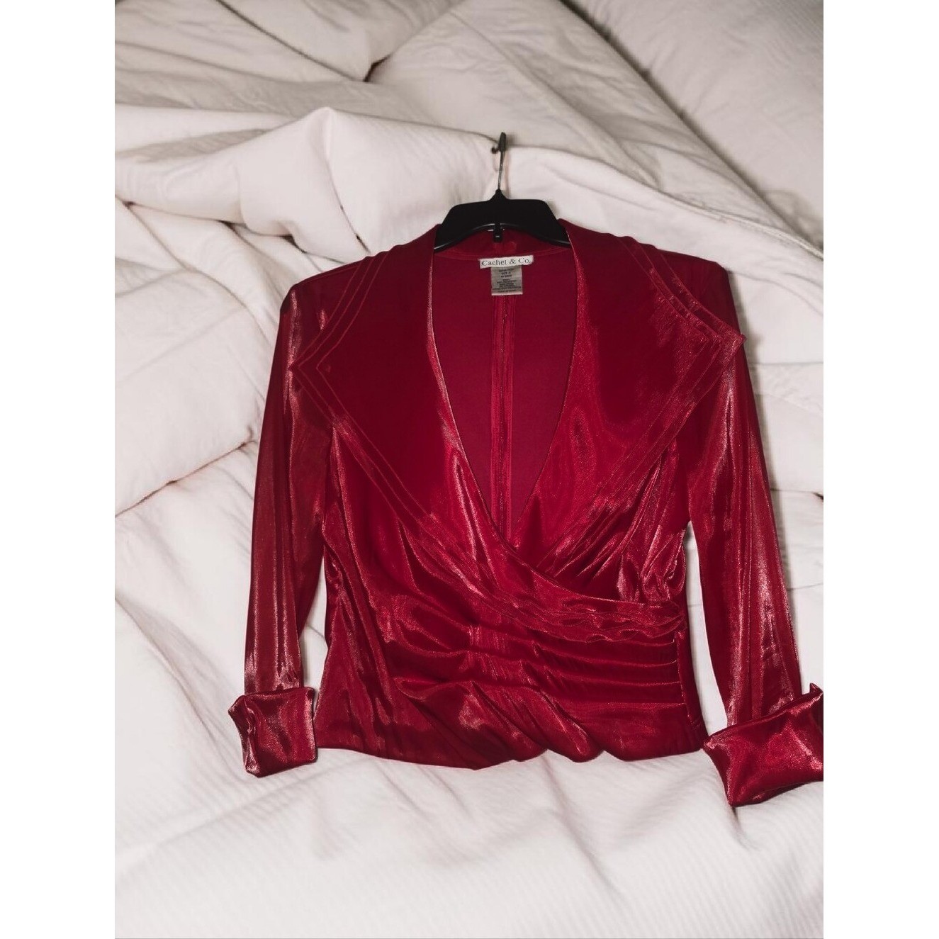 Cachet Red Velvet Look Wrap Blouse Draped Ruched Front Long Sleeve Dressy Top