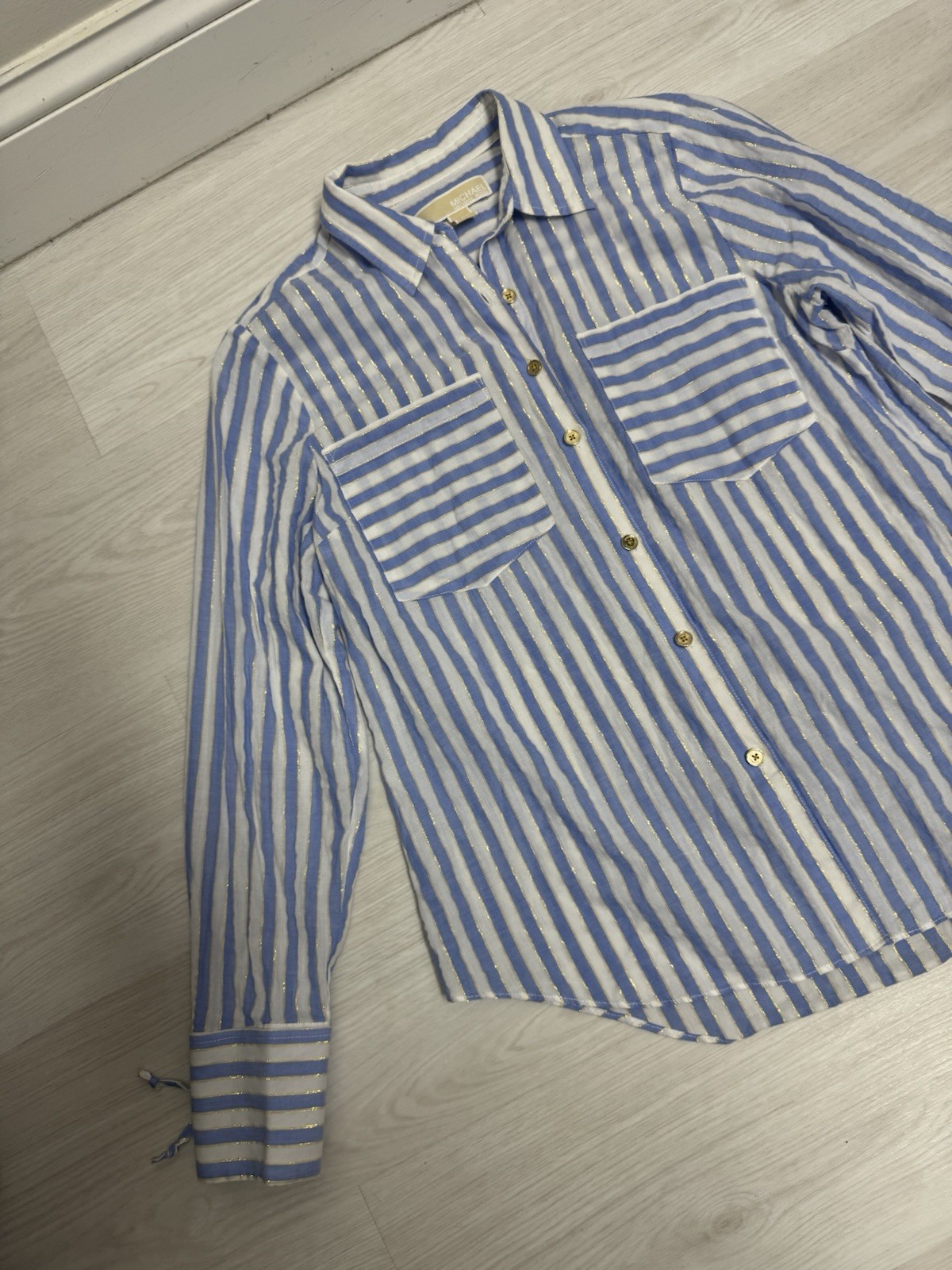 Michael Kors Blue & White Striped Gold Style Long Sleeve Button Up Women’s S