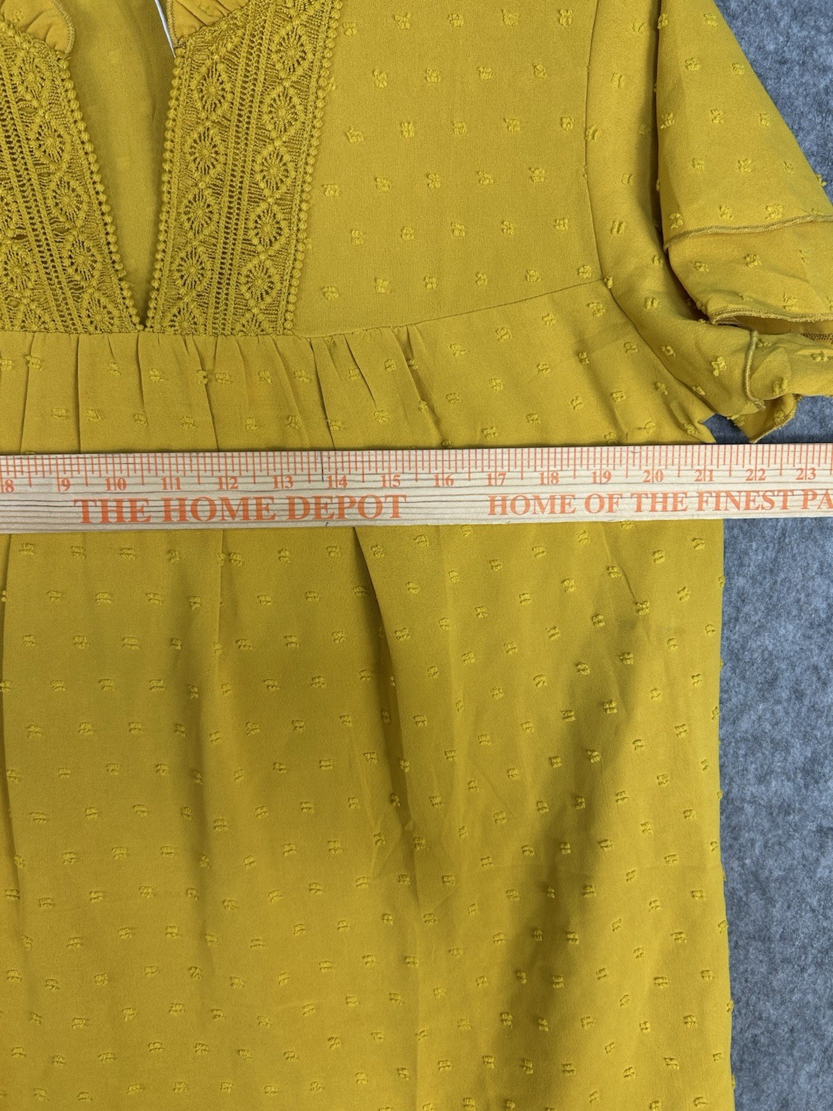 Falechay Women’s Boho Mustard Yellow Ruffle V-Neck Blouse Lace Trim Dots Size L