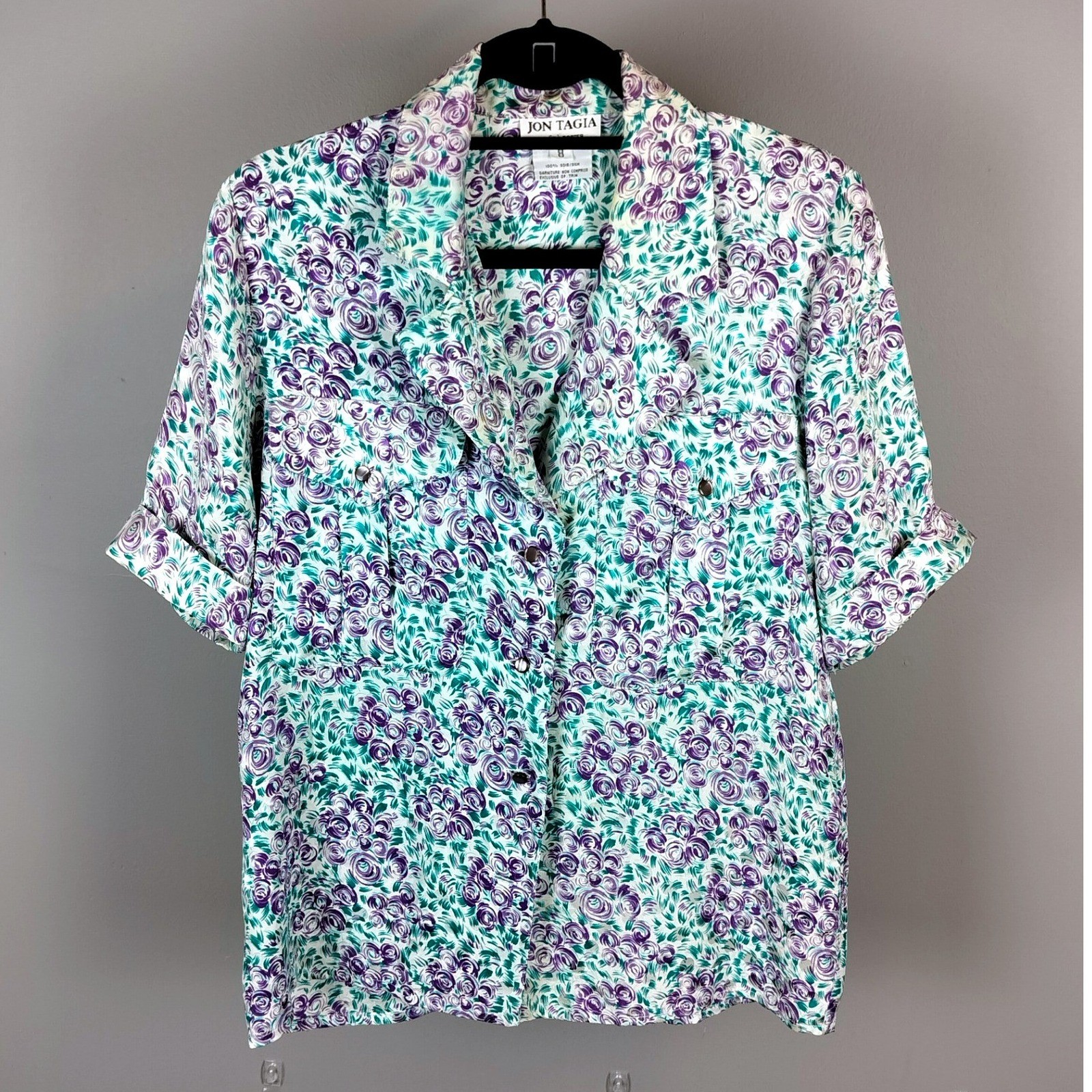 90s Jon Tagia Silk Floral Button Down Shirt Womens Purple Green Rose Print 8