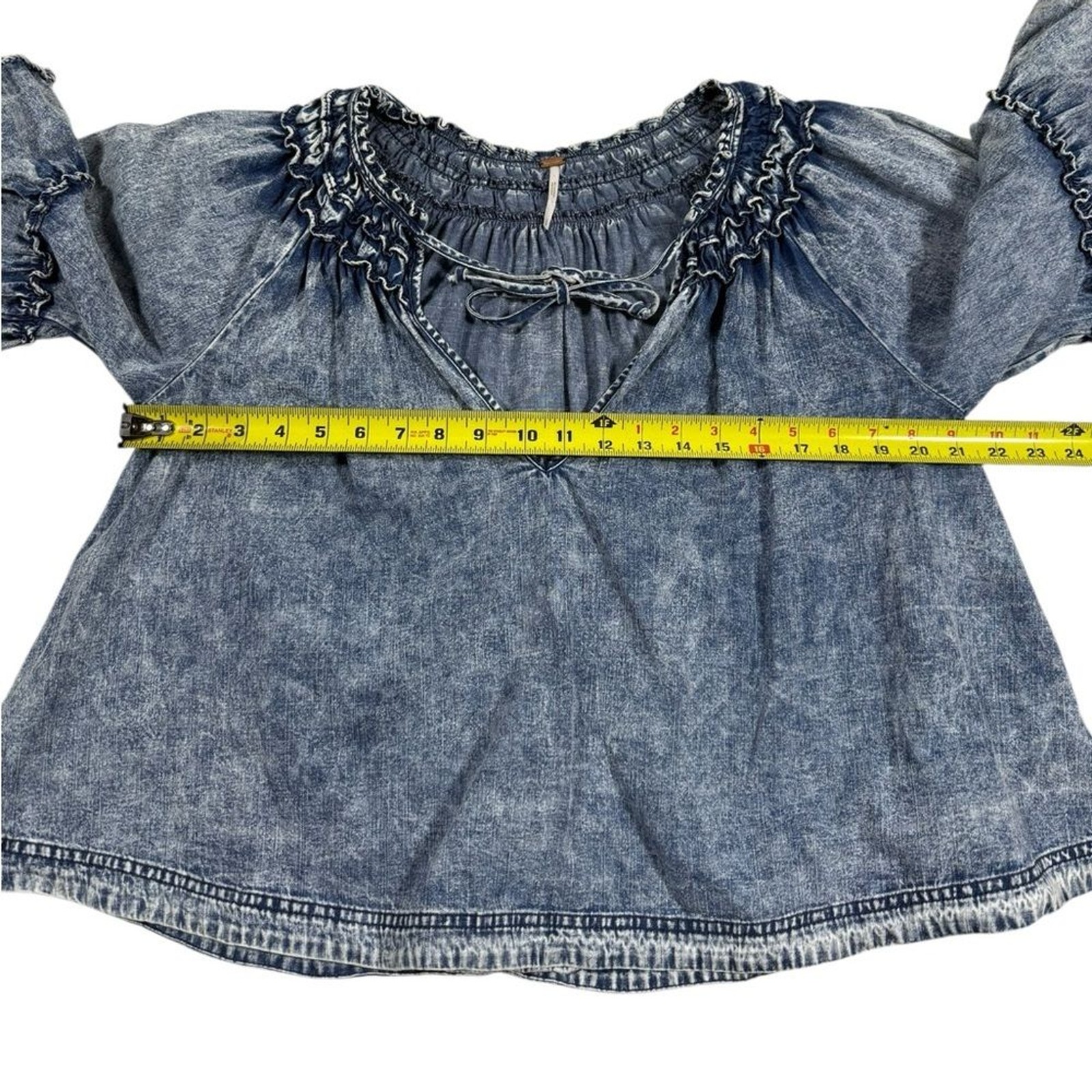 Free People Ainsley Top Women Small Blue Acid Wash Denim Blouse Bell Sleeve Boho