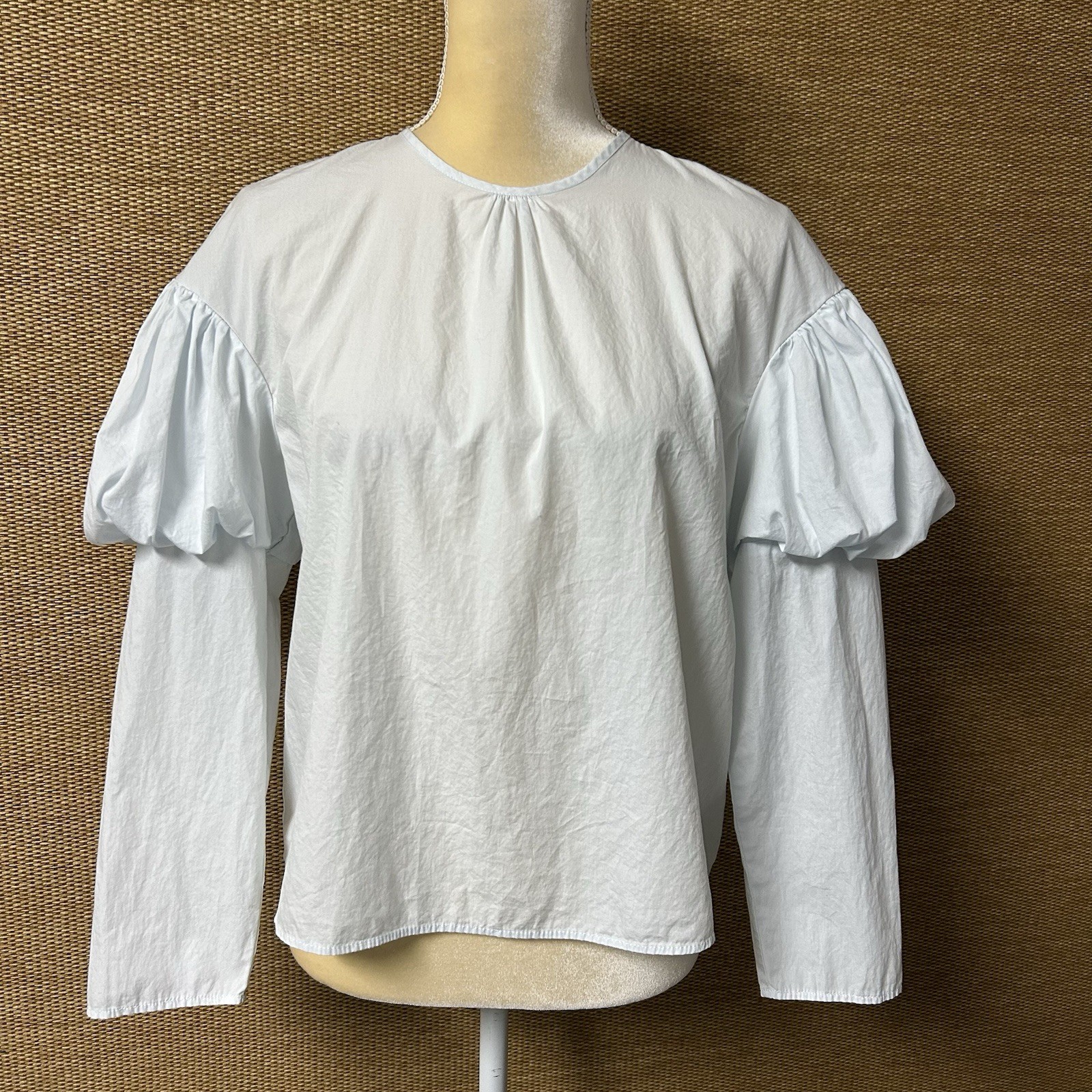 Zara Woman Top Womens Small Light Blue Long Puffy Sleeves Round Neck 100% Cotton