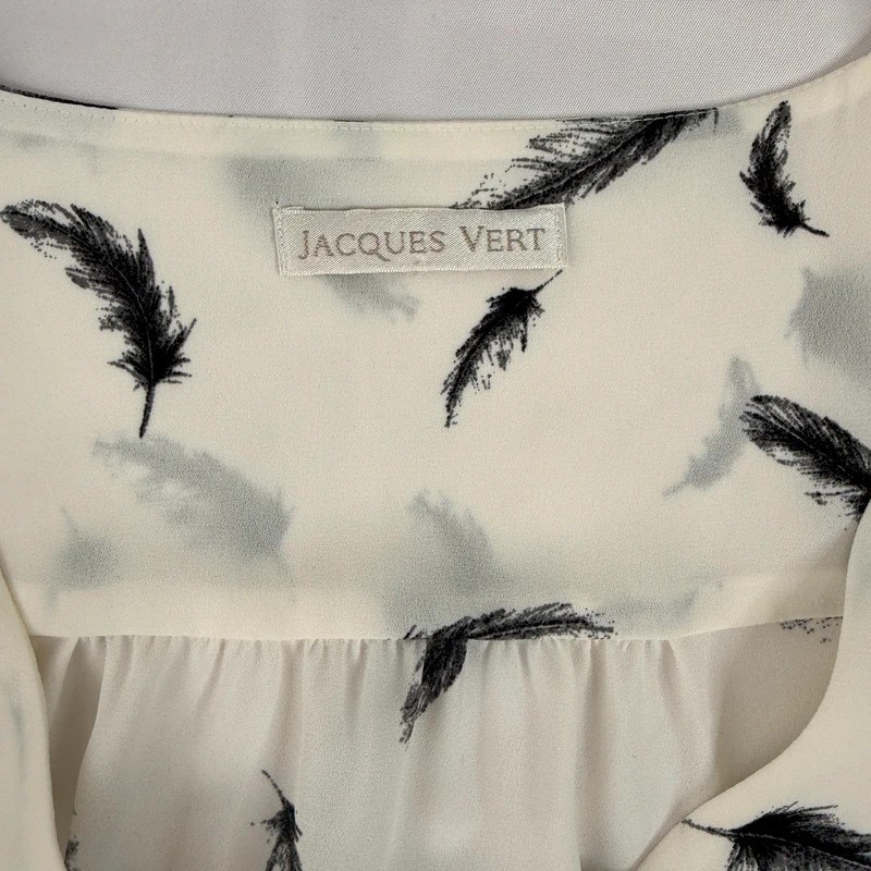 Jacques Vert Blouse UK 14 White Black Feather Print Long Sleeve V Neck