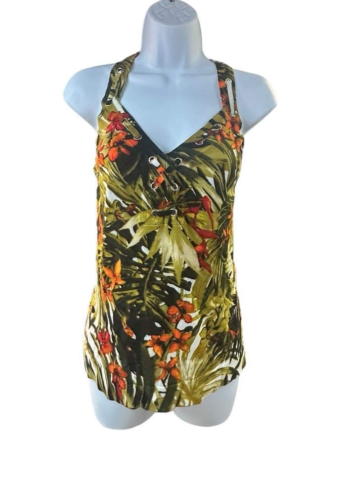Cache Medium Tropical Multi Color Palm Tree Laced Sleeveless Blouse Top Sz L