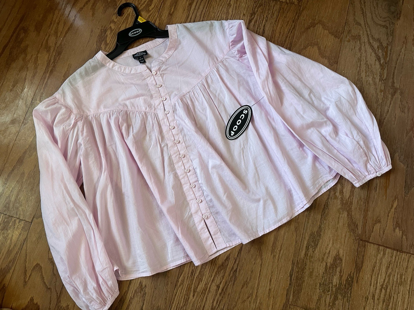 Scoop~Flowy Blouson Top(L)Orchid Rose,ButtonFront & Sleeve,V-Gathered,BandCollar