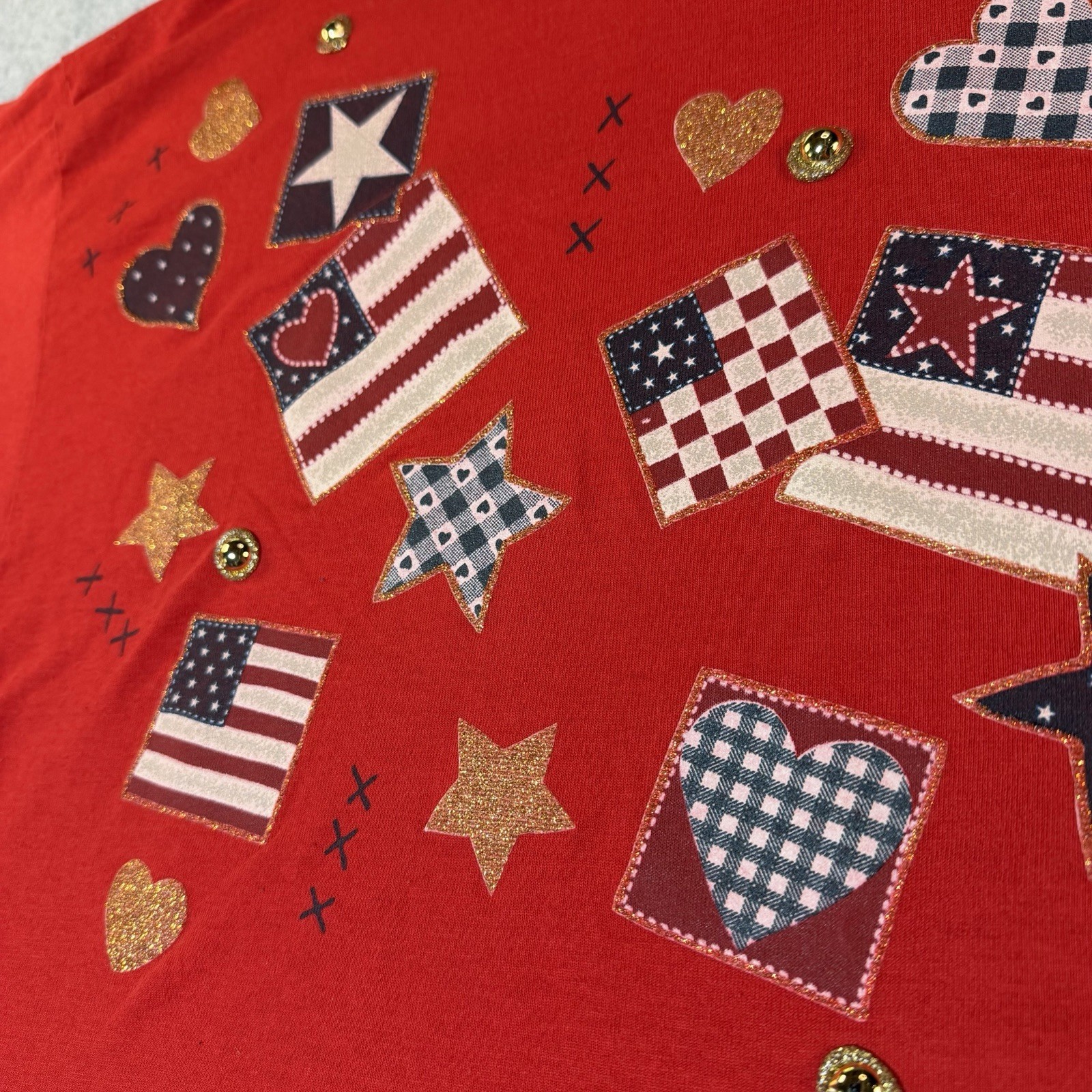 Vintage Patriotic Flag Glitter Applique T-Shirt Womens OS Summer USA Made 90s