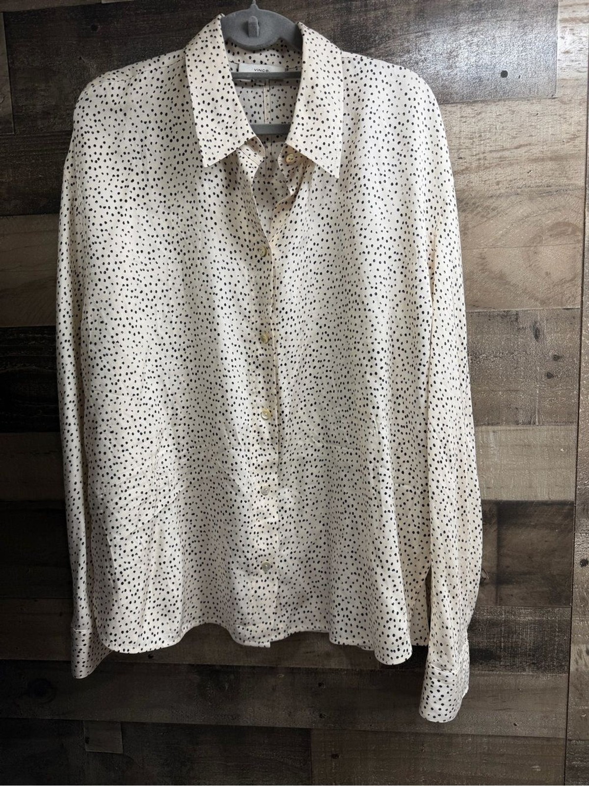 Vince Cream Button-Down Shirt with Black Dot Print Silk rayon size XL