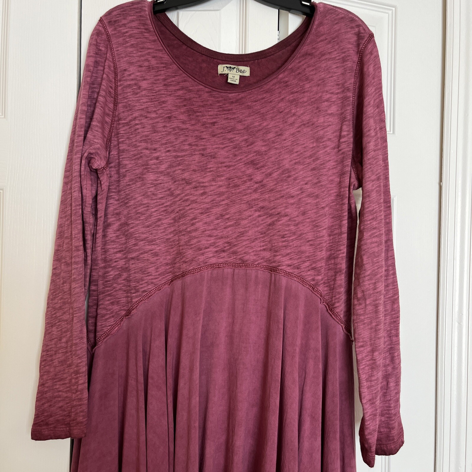 Women~J. Bee~Purple~100%Cotton~Mixed Media Drop Waist Scarf Hem Knit Tunic Top M