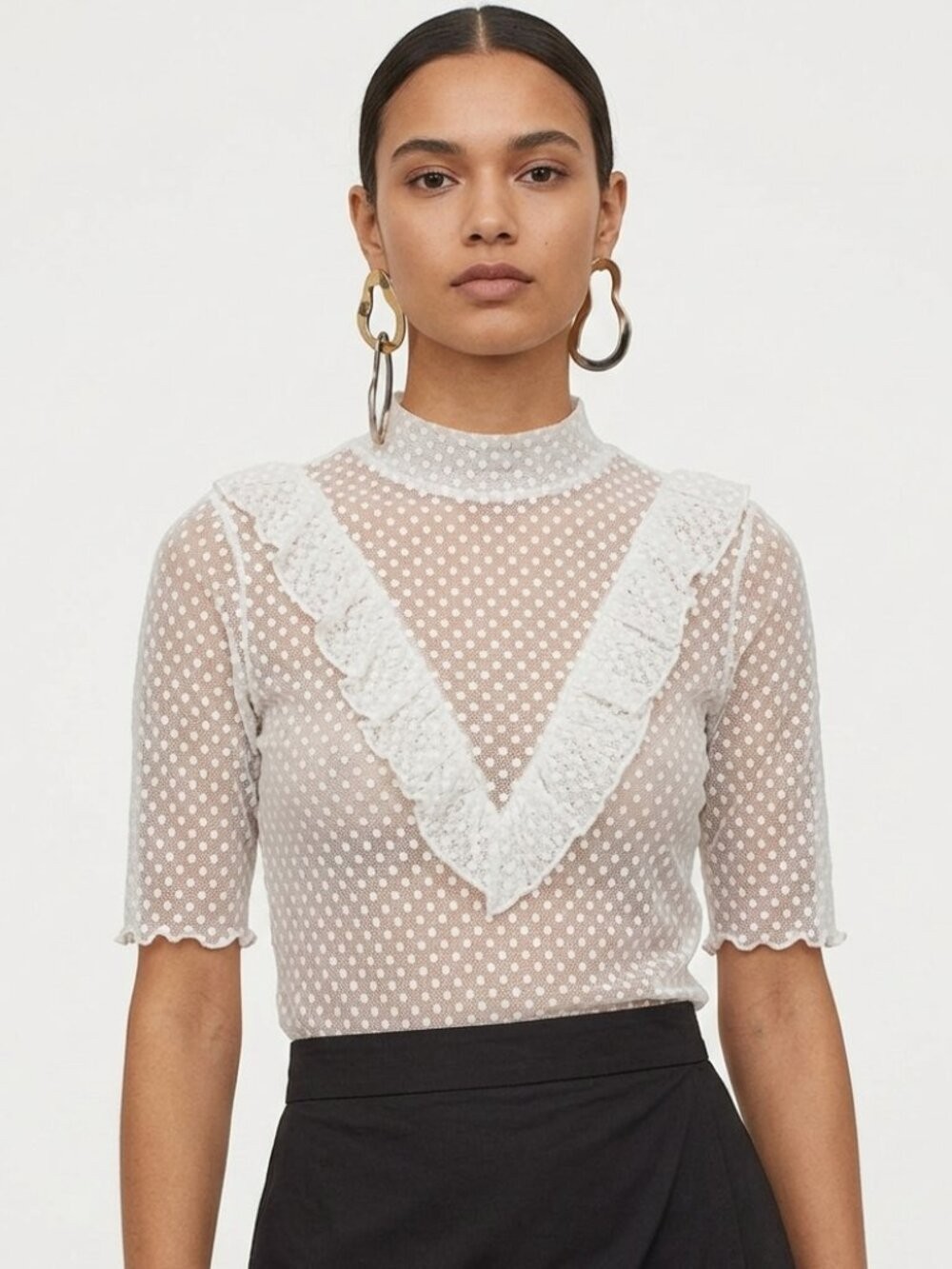Stradivarius White Swiss Dot Mesh Ruffle Top Blouse Sz M Sheer Mock Neck
