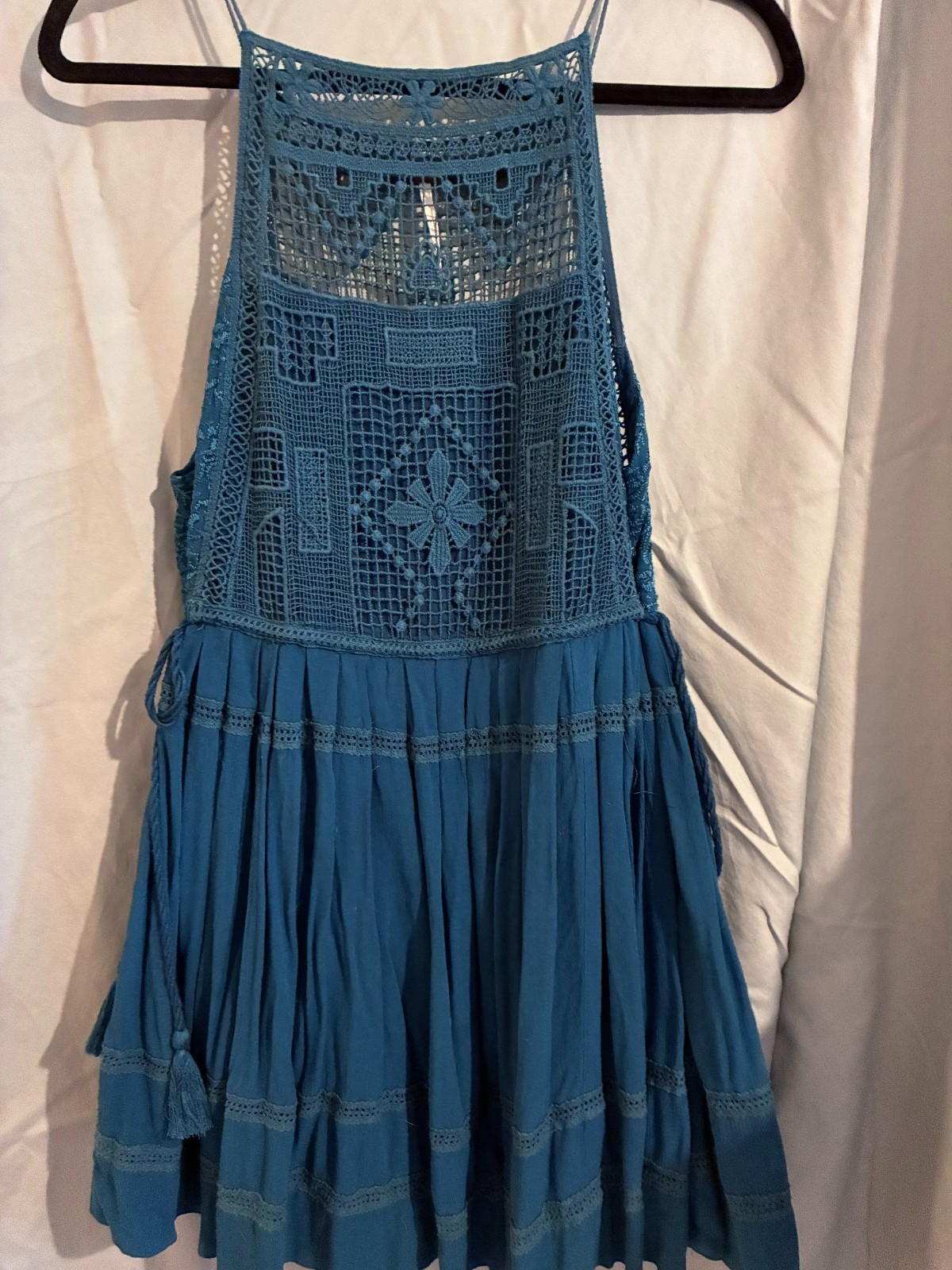 Free People Teal Crocheted spaghetti strap baby doll with flowy bottom size S