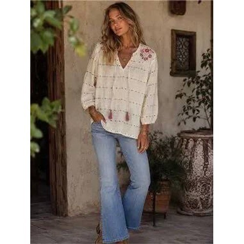 Earthbound Trading Co Cream Embroidered Gauze Tassel Tunic Top Womens Medium