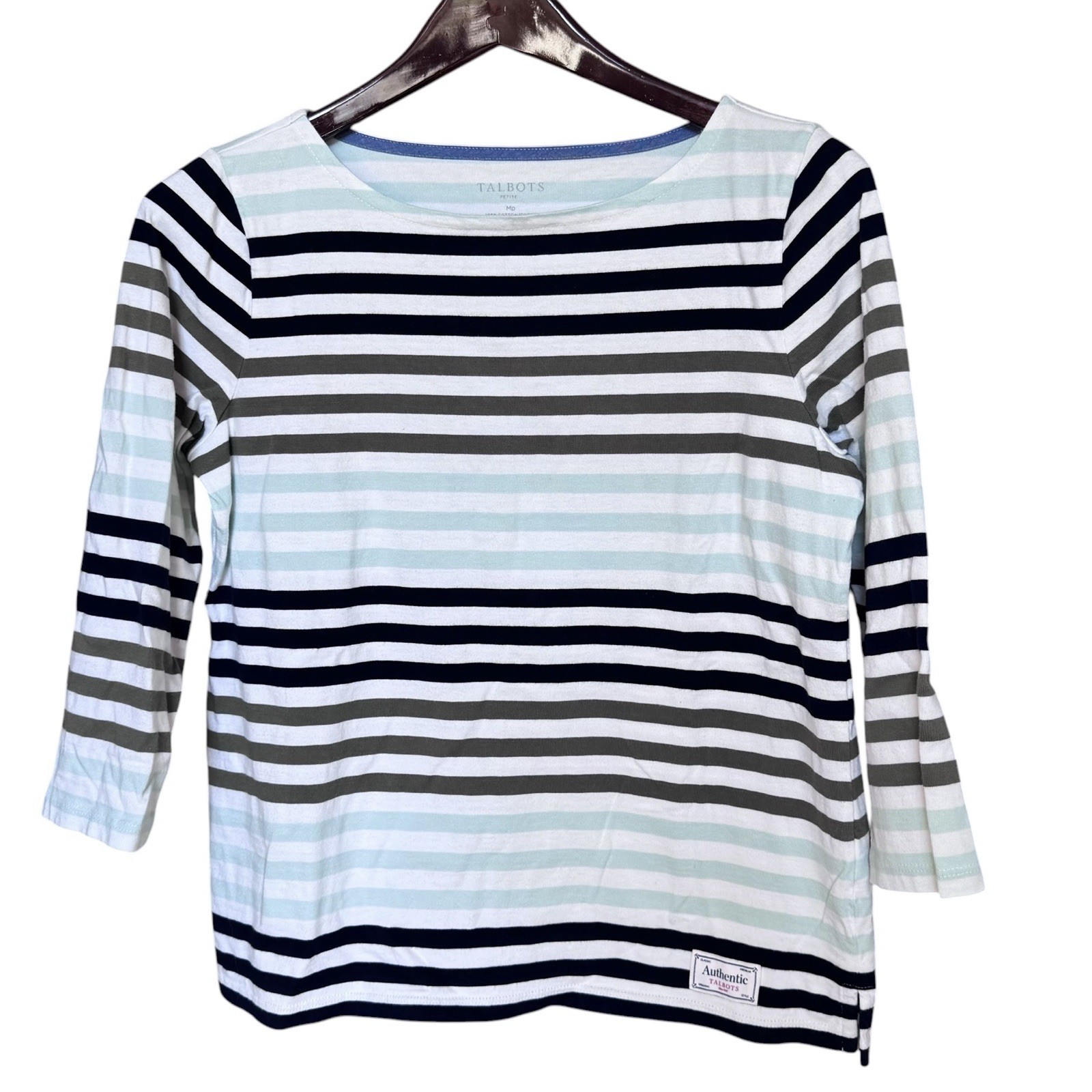 TALBOTS WOMEN’S WHITE BLUE GREEN STRIPED 3/4 SLEEVE COTTON TOP MP Petite