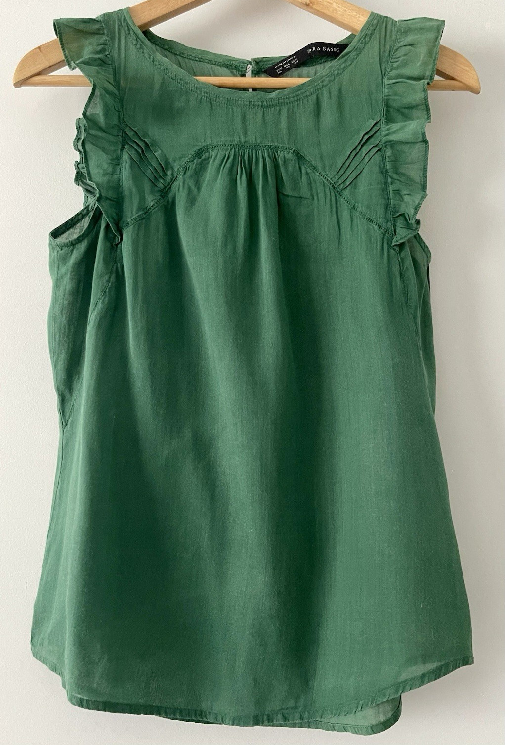 Zara Women’s Green Woven Cotton Sheer Ruffle Cap Sleeve Button Blouse XS