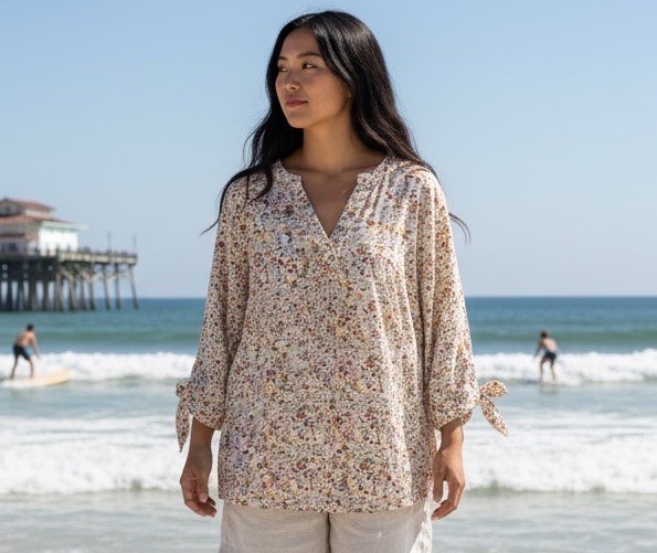 Cynthia Rowley XS Smocked Floral Lightweight Fabric 3/4 Sleeves Blouse
