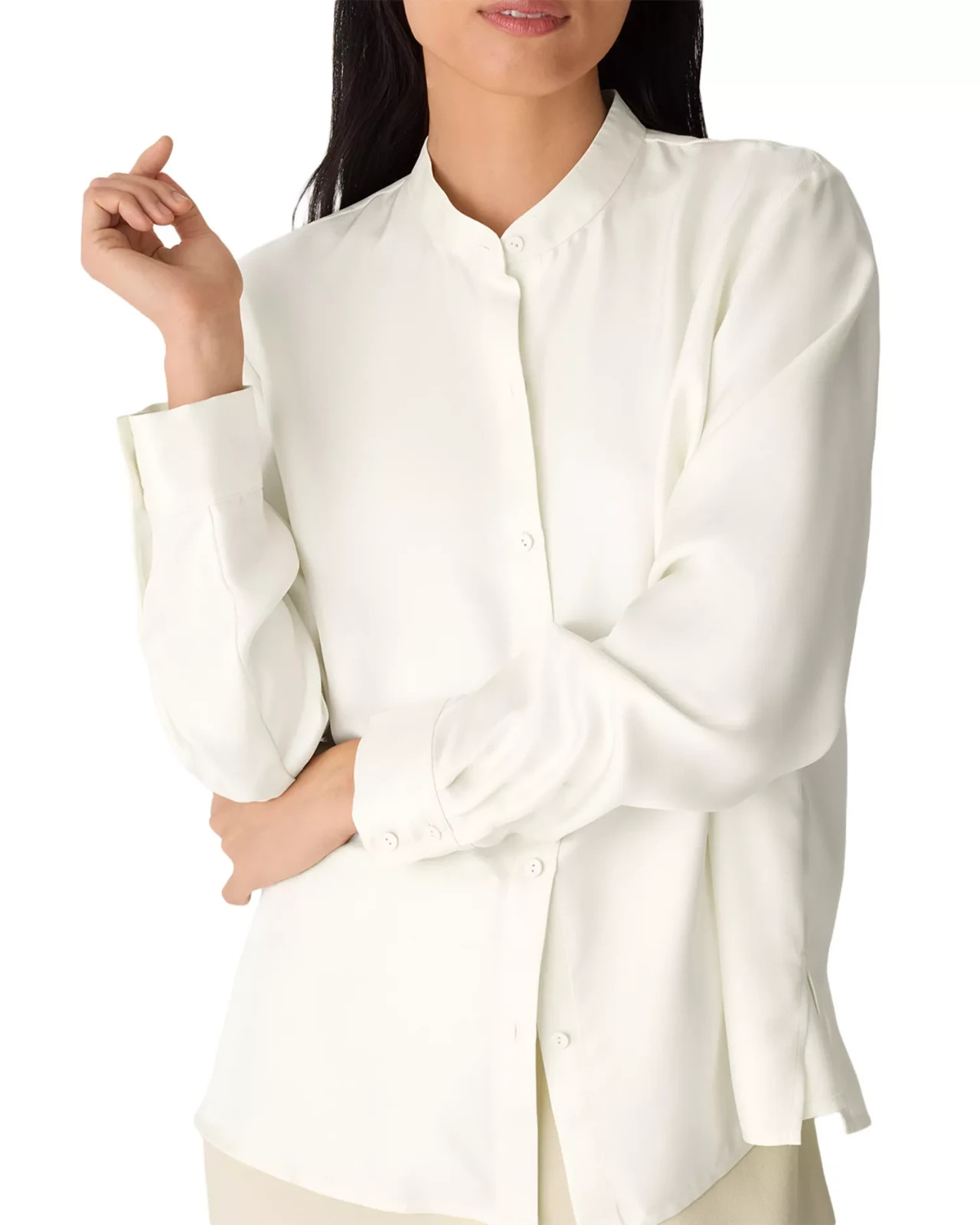 EILEEN FISHER Soft White Cream Silk Twill Mandarin Collar Shirt $268 2X NIP