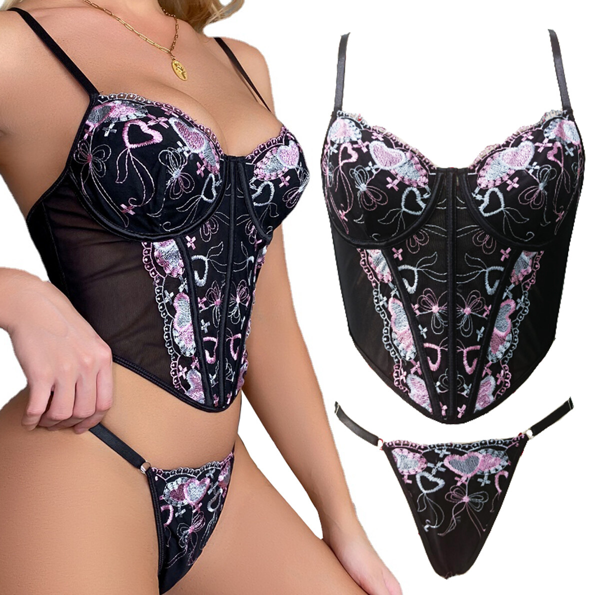 Women’s Sexy Bustier Set Crop Top G-String Party Clubwear Corset Push-Up Bodice