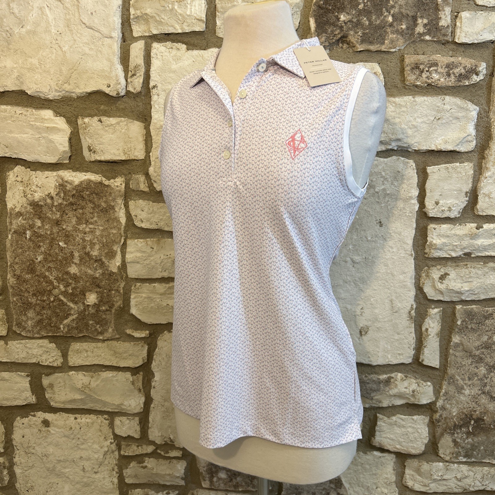 Peter Millar Women’s Sz M Polo Sleeveless Shirt Logo White Pattern Golf NWT $90