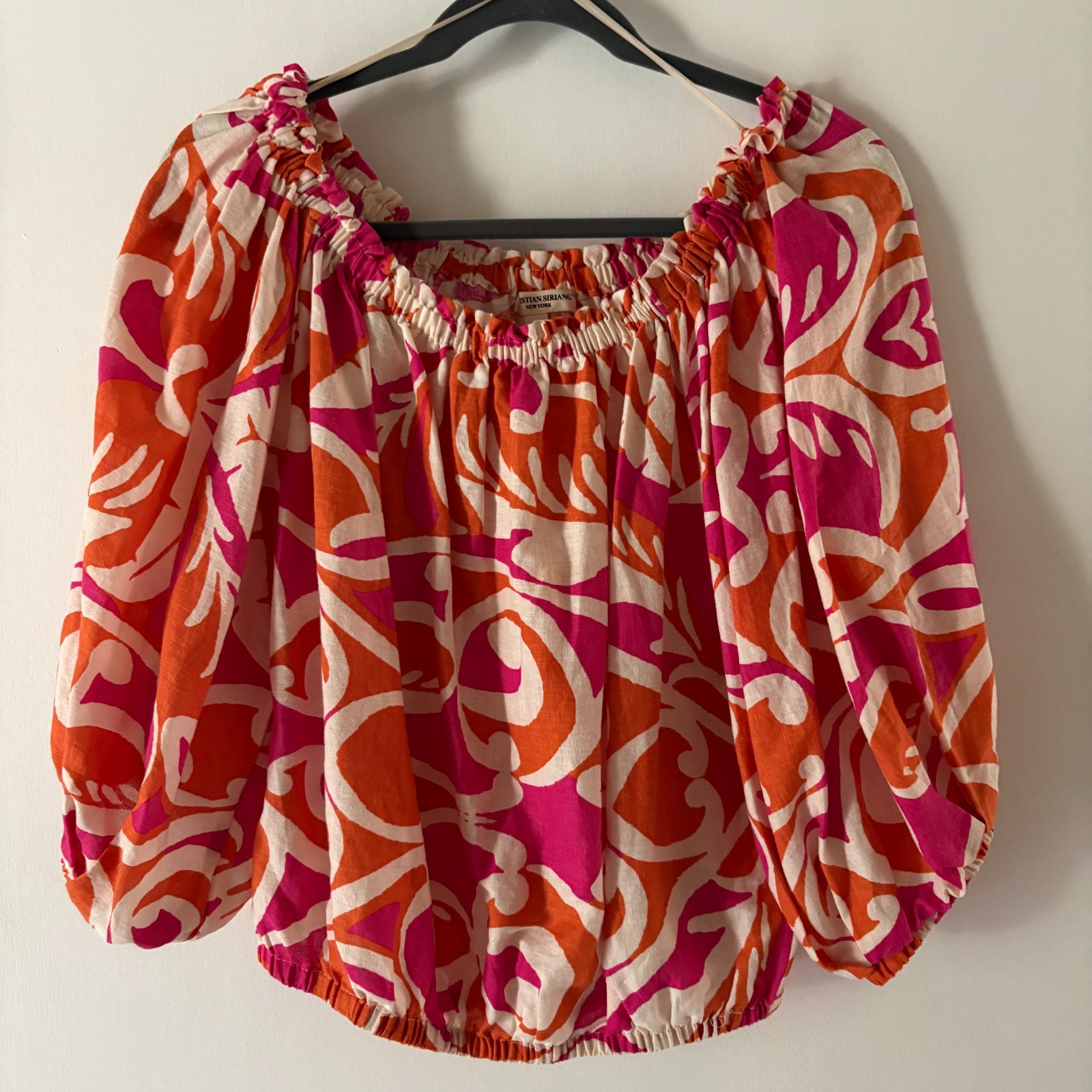 Christian Siriano Tropical Print Linen Blend Off Shoulder Top Vacation M Resort