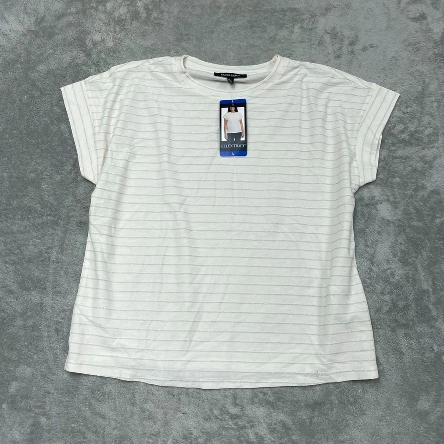 Ellen Tracy Women’s Glitter Stripe Blouse Cream Large New