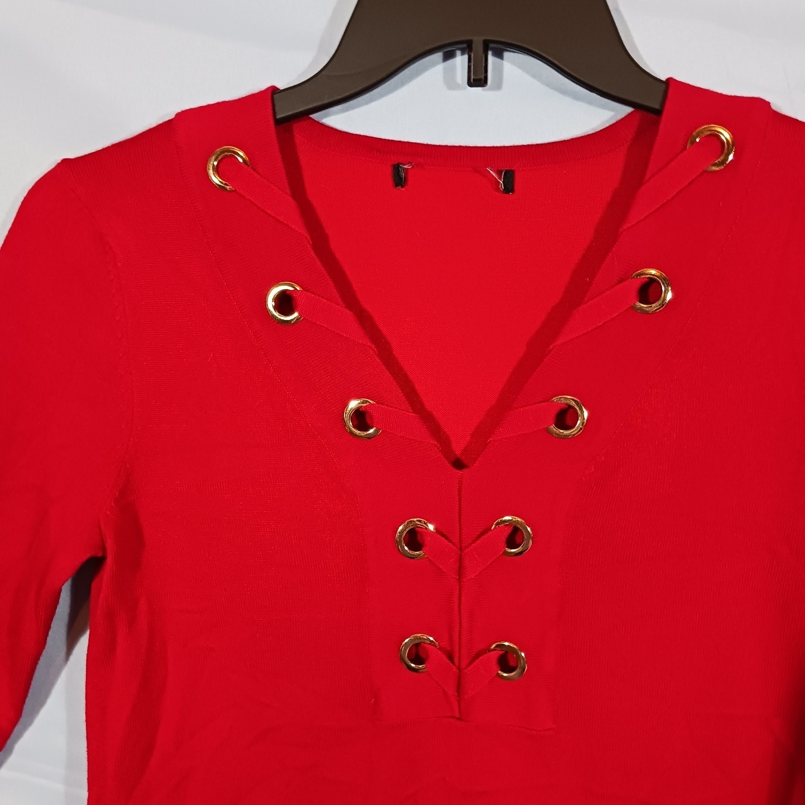 Knit Tunic Women’s Small 3/4 Sleeve Laced Grommets Red Rayon Blend NO TAGS