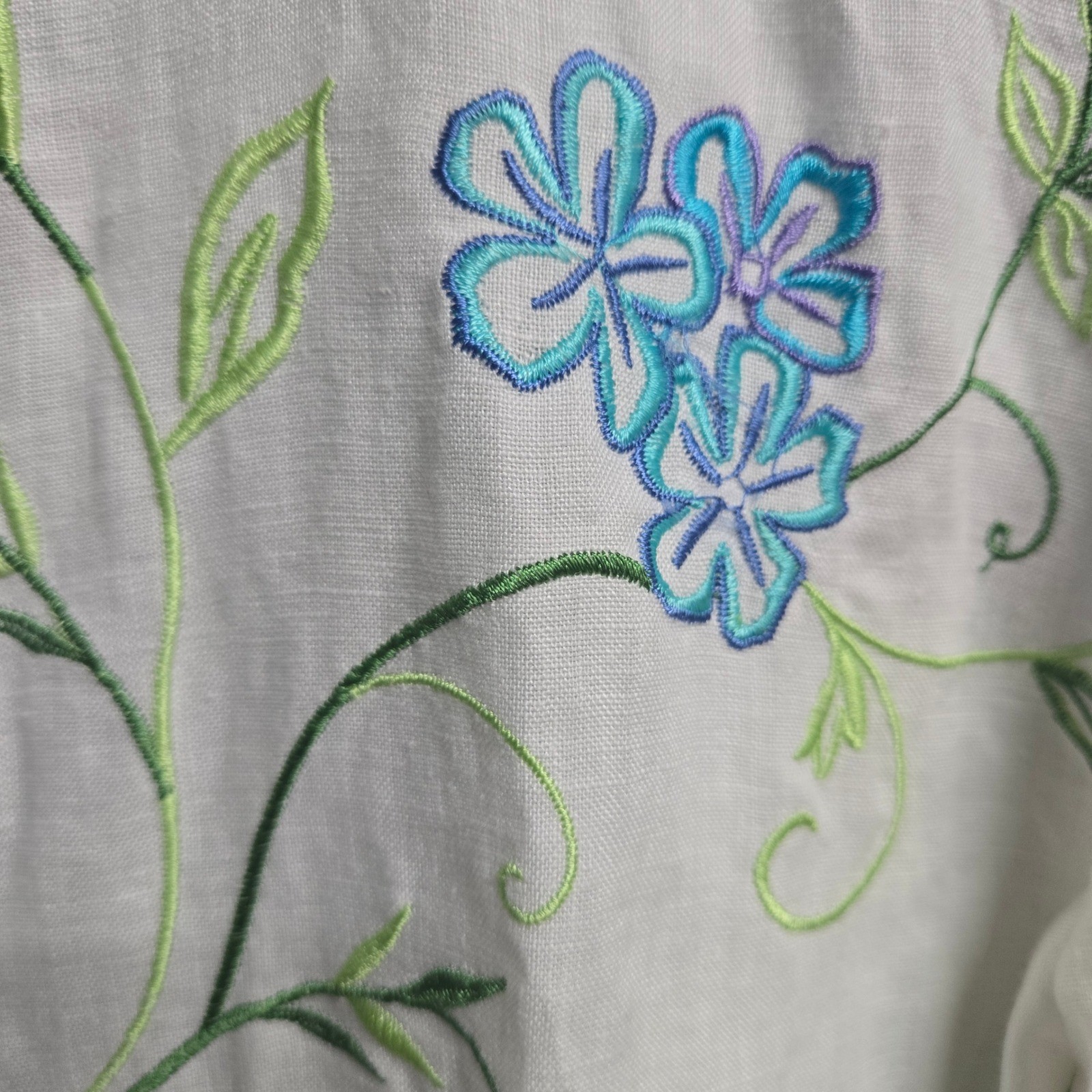 Cottagecore Floral Embroidered Linen Button Up Shirt White Roll Tab Top PS