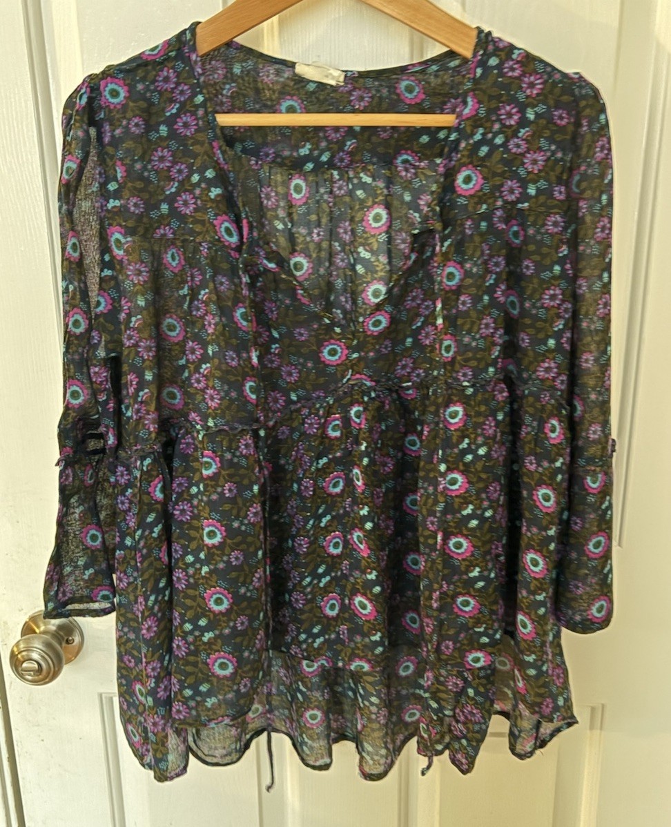 Natural Life Blouse One Size S M L Floral Hi Lo Boho Peasant Cottage Hippie