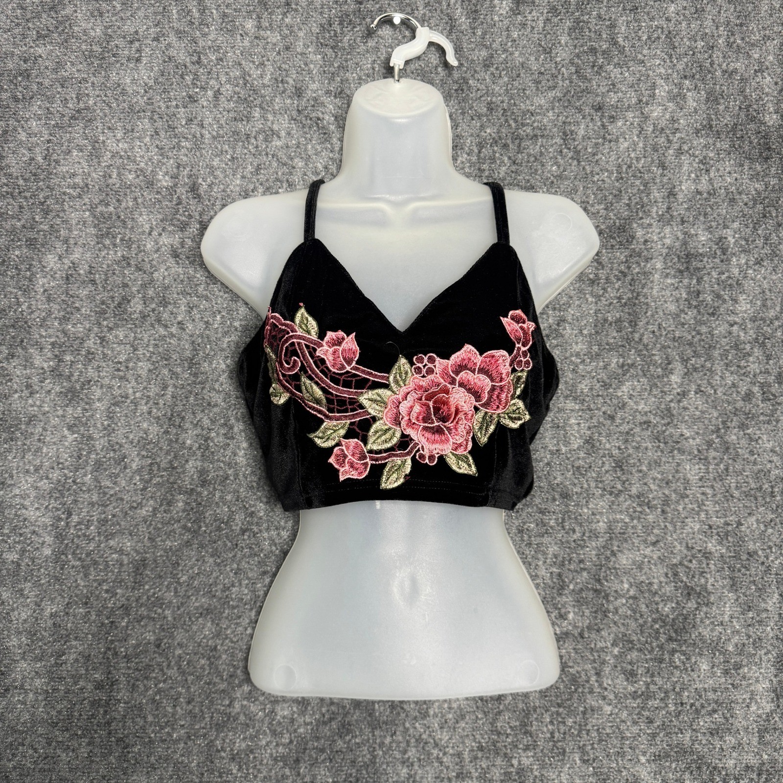 Black Velvet Crop Top Floral Embroidery VNeck Sleeveless Boho Festival Hippie
