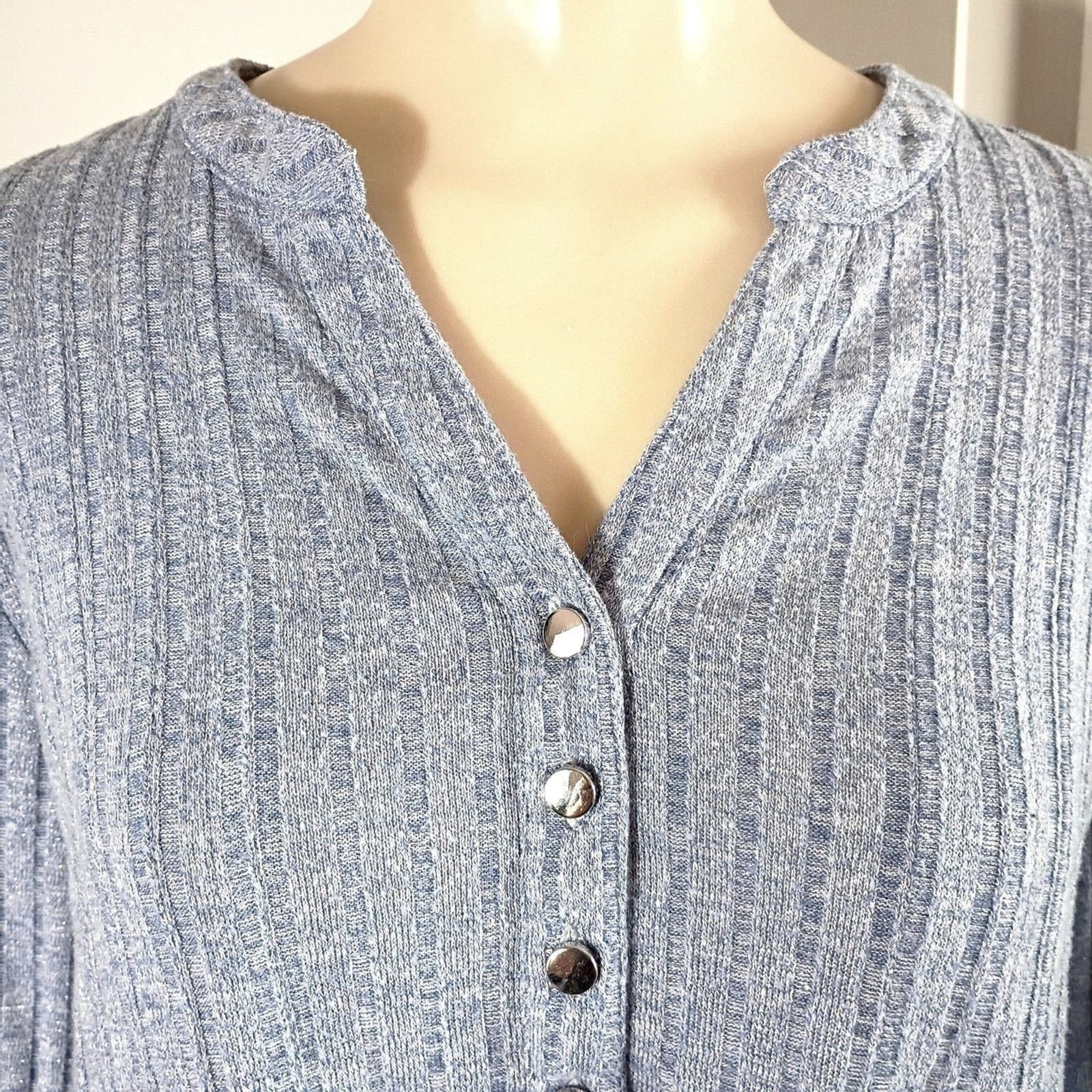 Cocomo Blue and Silver V Neck Swing Sweater Ribbed Button Up Roll Tab Sleeve L