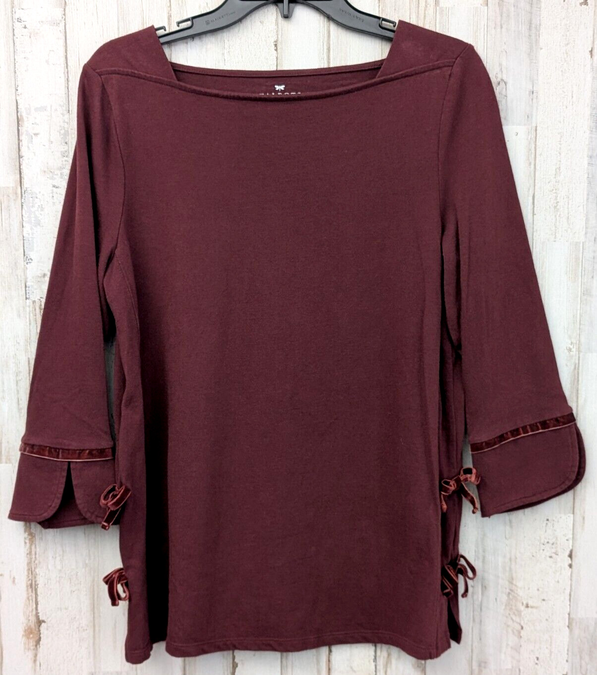 Talbots Burgandy Velvet Trim Bows Top Size M Holiday Office 3/4 Sleeve Pullover