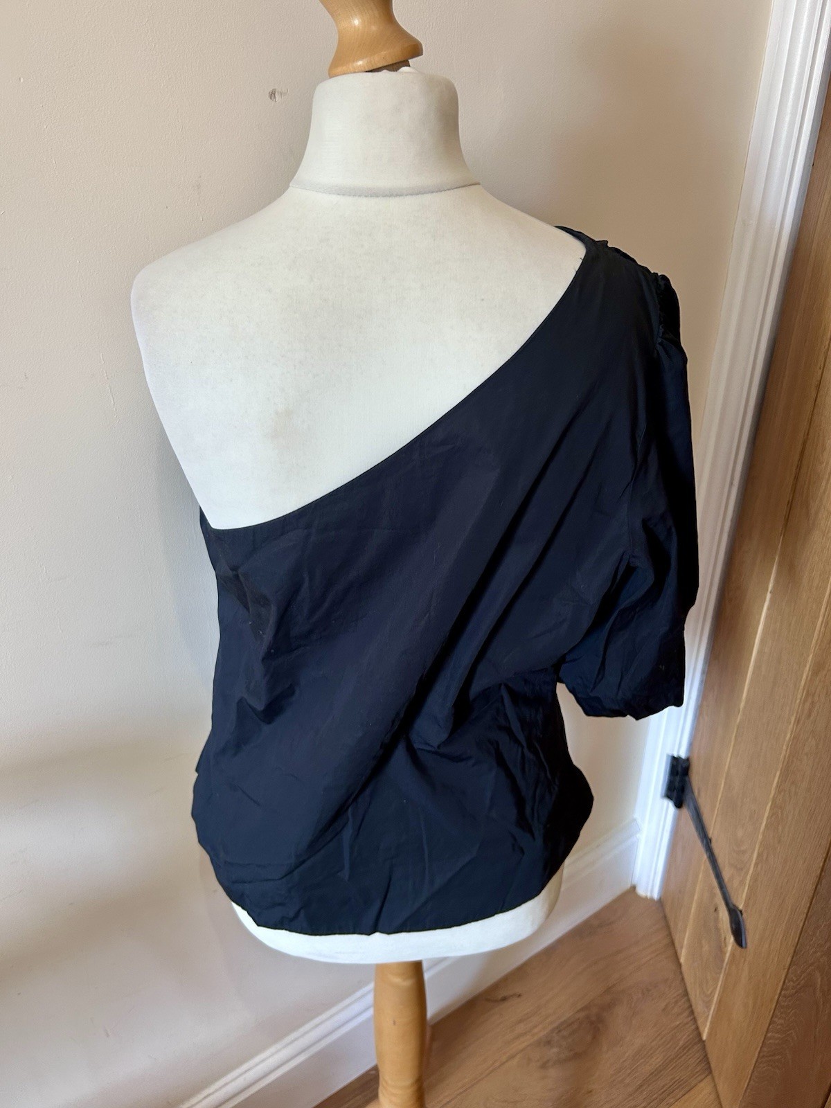 Marks And Spencer Cotton One Shoulder Puff Sleeve Top Black Size 14