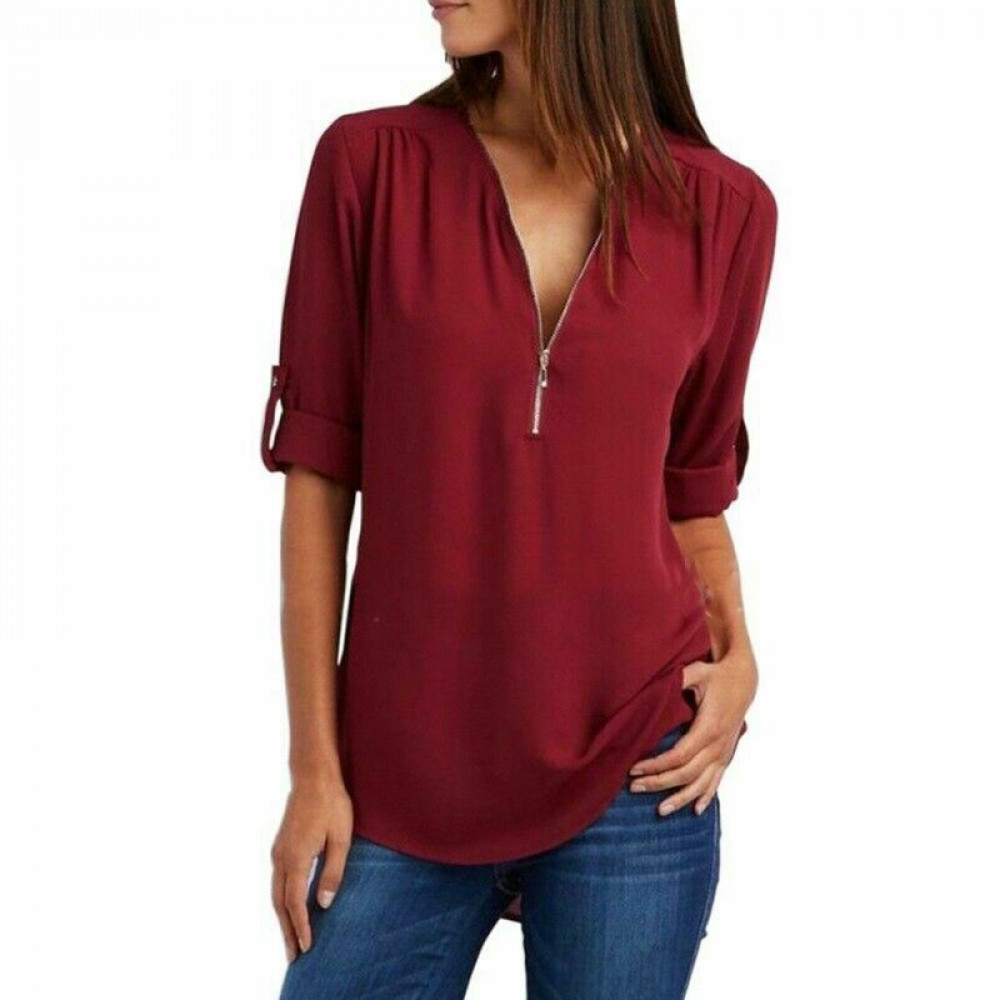 Women’s V-Neck Zipper Shirt Long Sleeve Loose Chiffon Basic Solid Tops Blouse