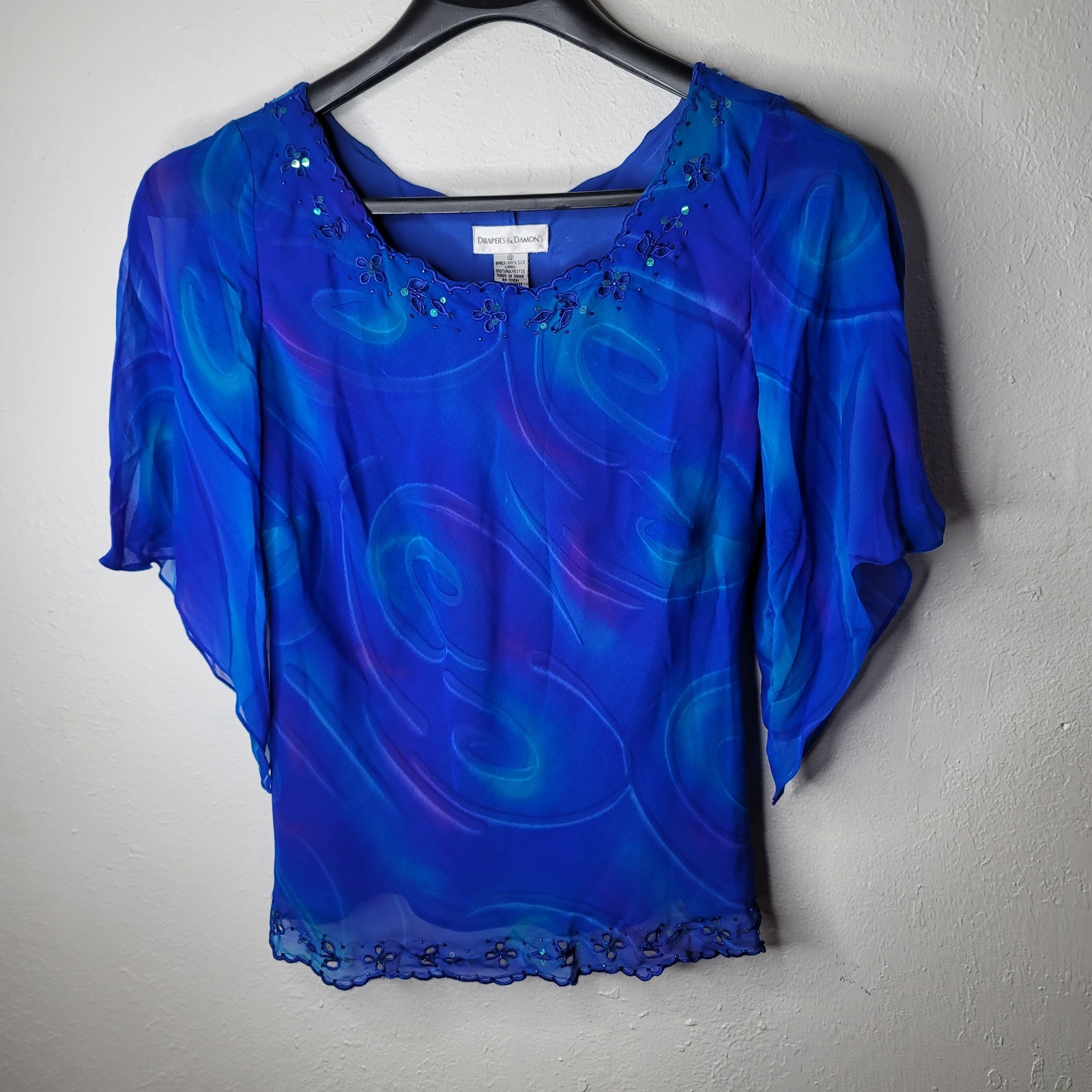 Draper’s & Damon’s Sz 14 Silk Blouse Blue Sheer Embroidered Top Sequin Fairy New