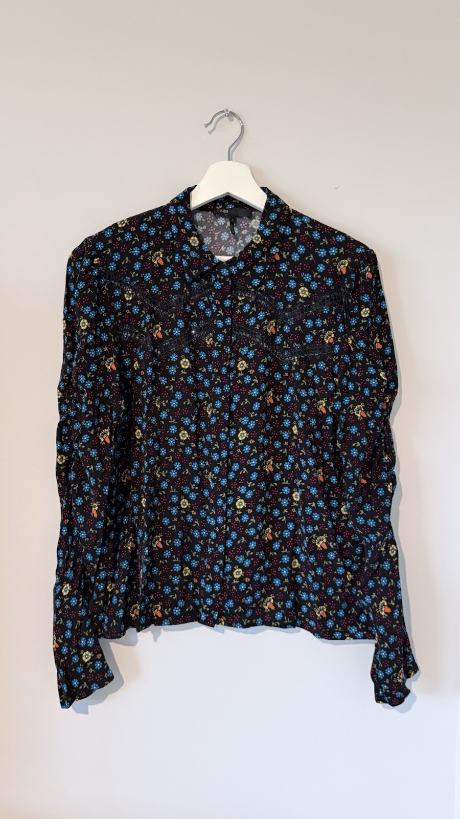 Maje Black Floral Snap-Up Long Sleeve Blouse Casual Vacation Travel Women Sz 3/L