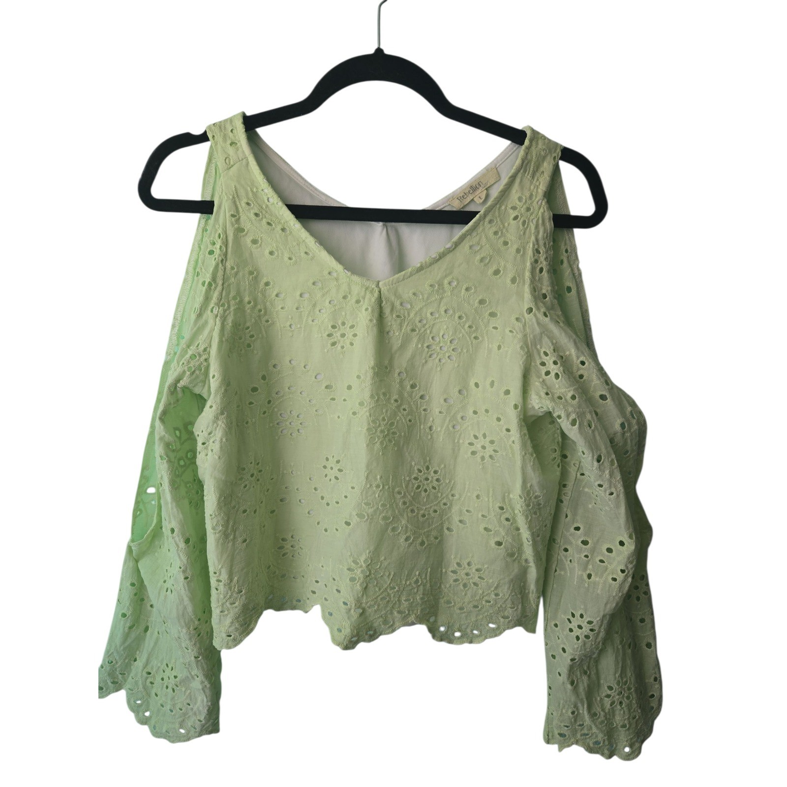 Rebellion BOHO Green Eyelet Cold Shoulder Fairy Long Sleeve Crop Top Size Large
