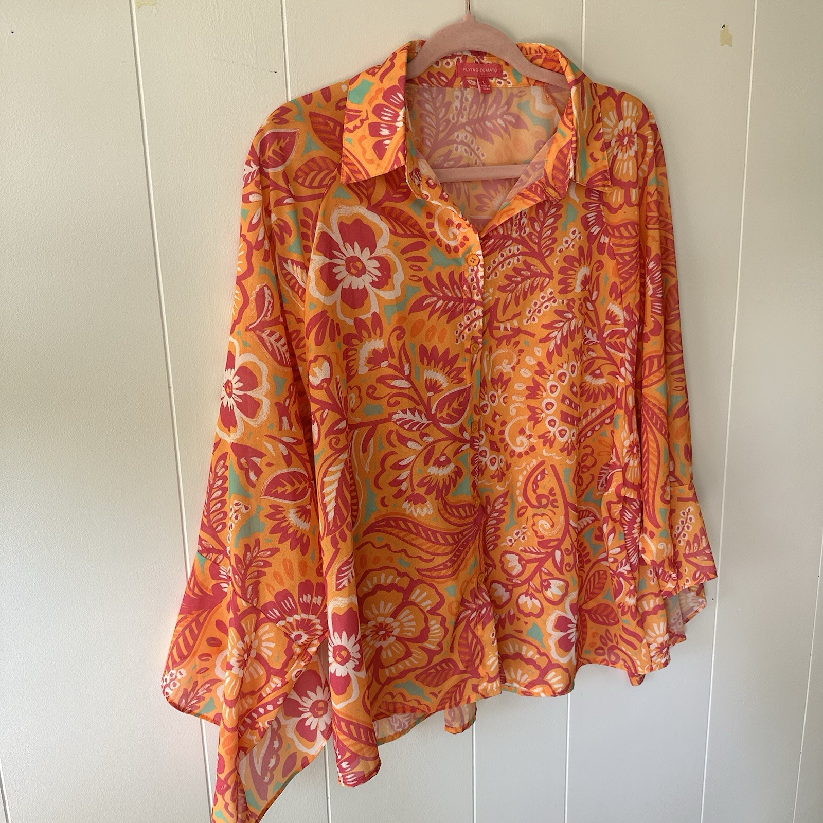 Flying Tomato I’ll always Remember You Woven Oversized Top Pink/Orange Floral LG