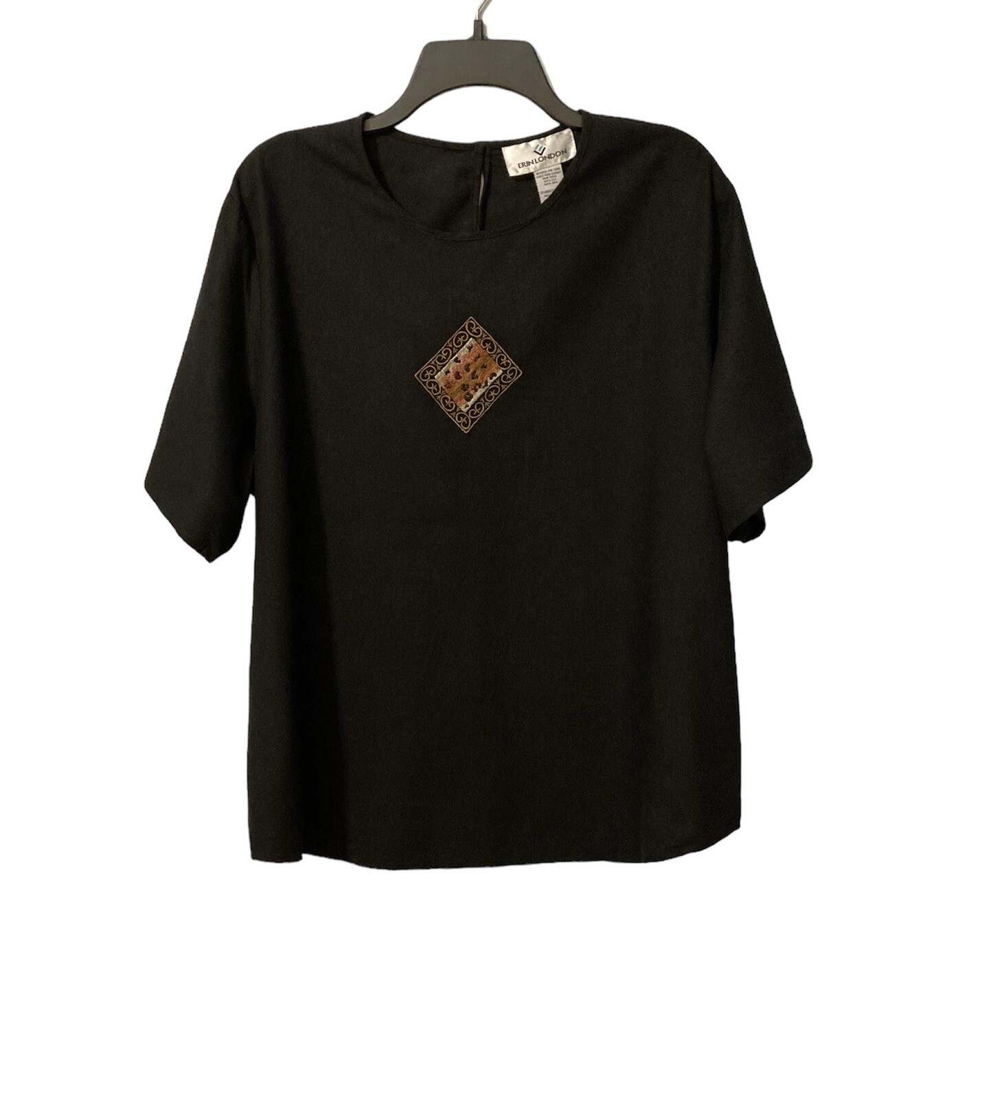 ERIN LONDON 2XL 100% Silk Embroidery Black Cheetah Aztec Print Top Blouse