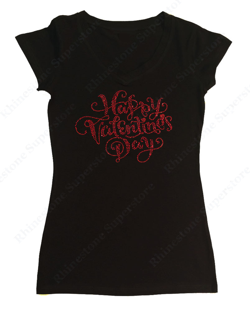 Women’s Rhinestone T-Shirt ” Red Happy Valentines Day ” in S, M, L, 1X, 2X, 3X