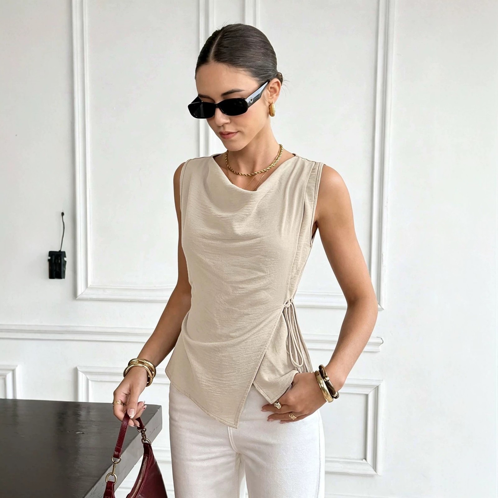 Women Khaki Sleeveless Cowl Neck Ruched Tank Top Casual Shirt S M L XL