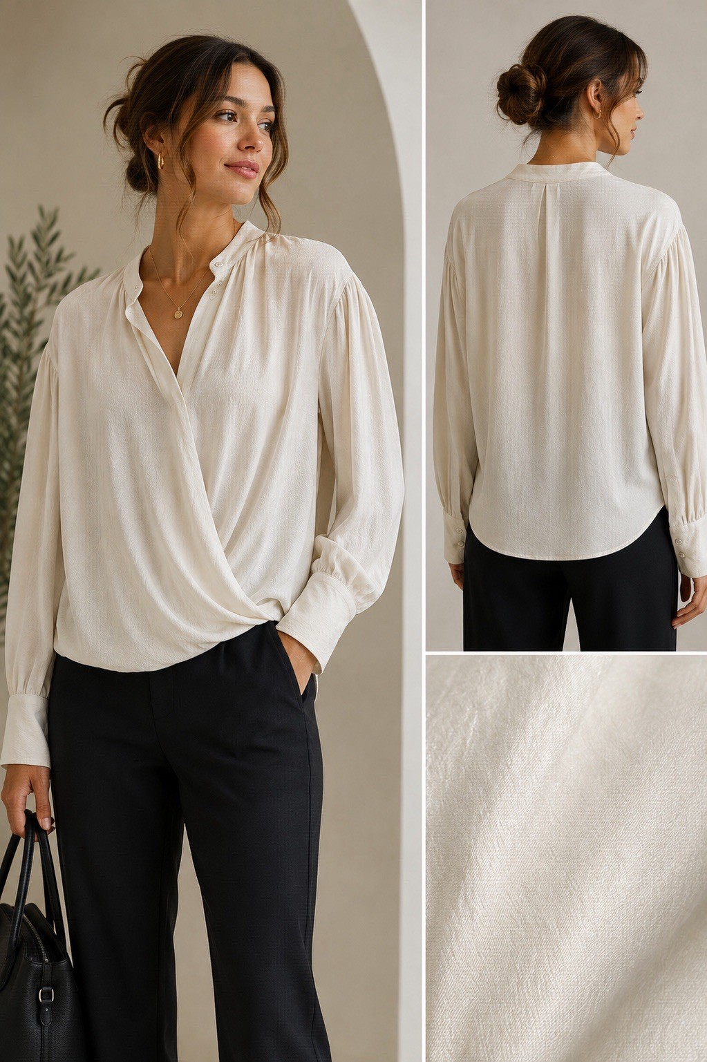 Aday Ivory Wrap Blouse Medium Draped Long Sleeve Minimalist Office Capsule