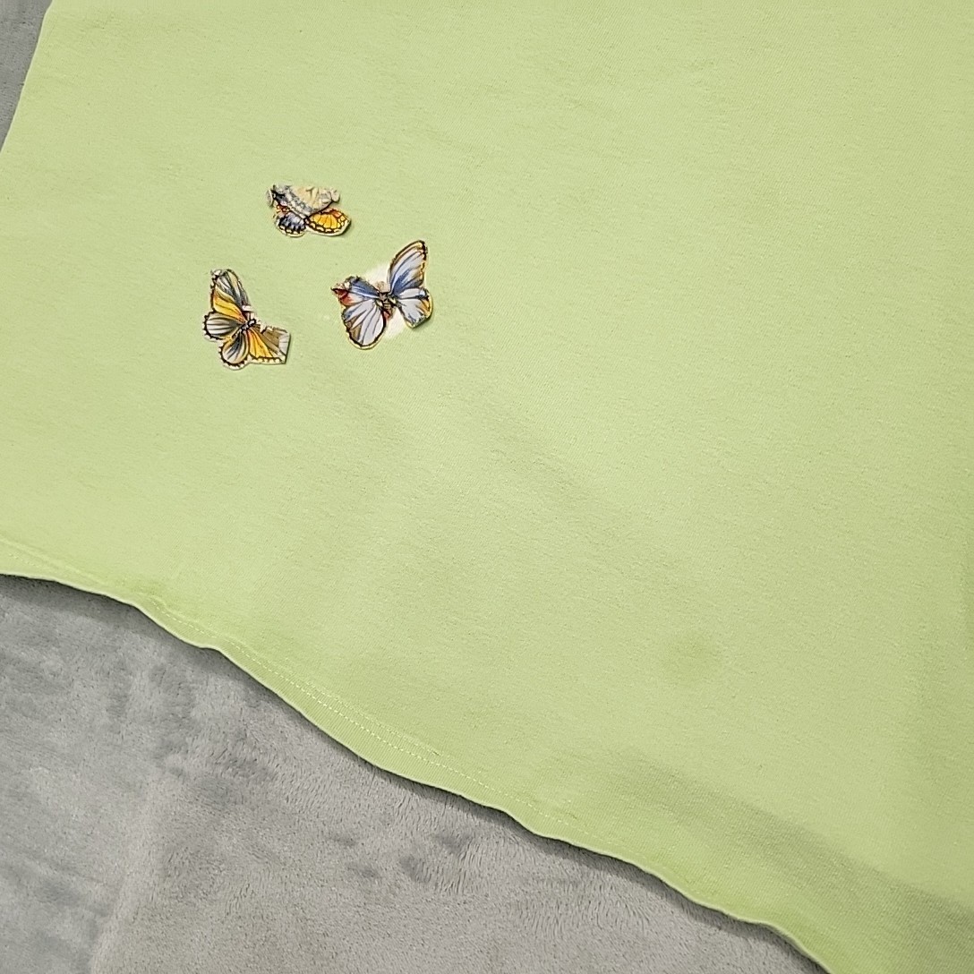VTG Butterfly Floral Shirt Ladies L Green Nature Garden Short Sleeve Cottage Tee