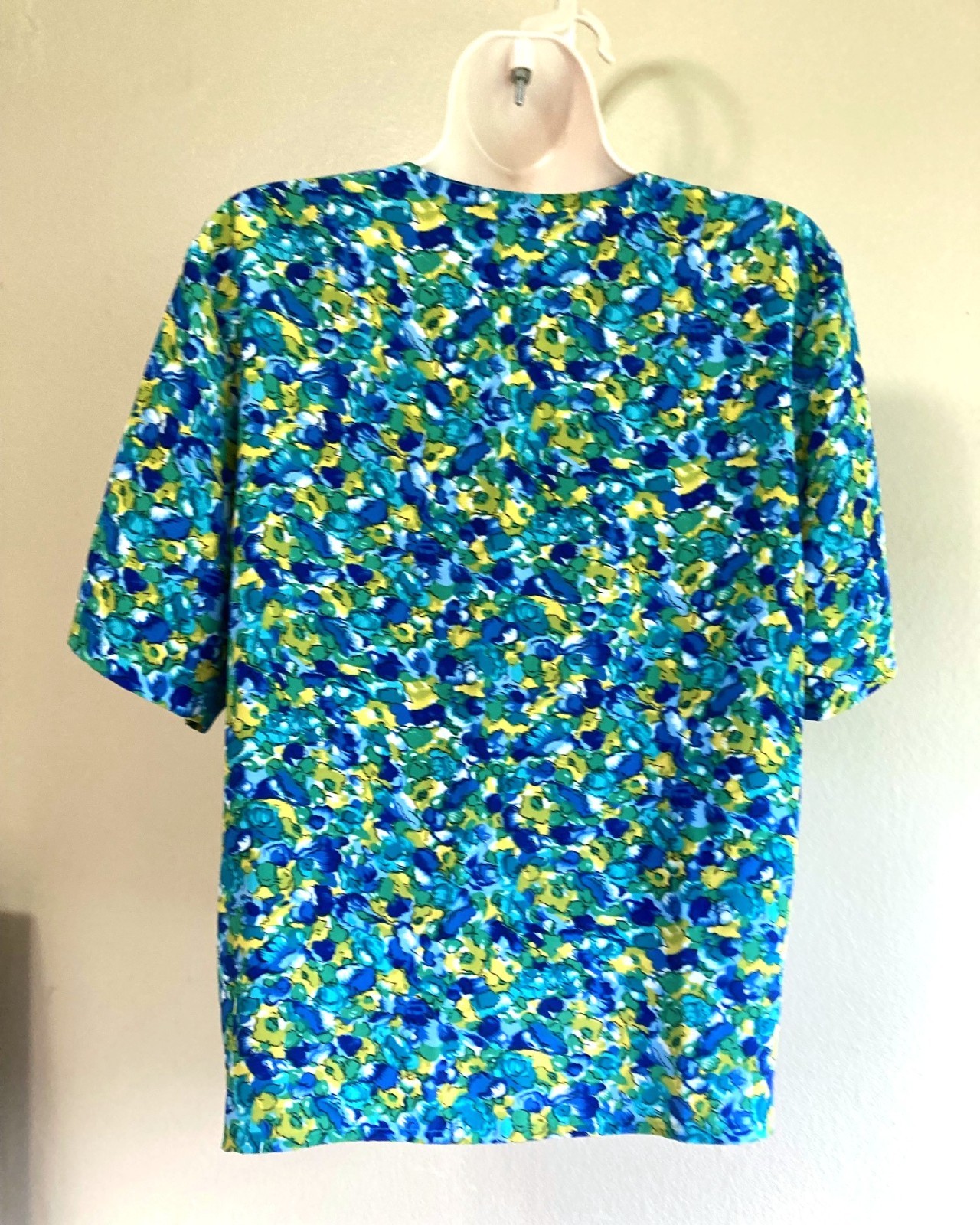 Vintage 90s Shirt L Ditsy Watercolor Floral SS Polysilk Impressions Blue Green